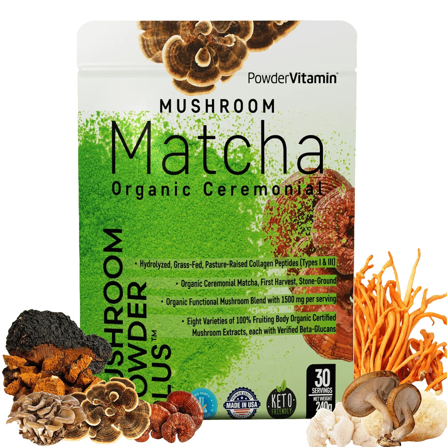 PowderVitamin Organic Mushroom Ceremonial Matcha, 30 servings