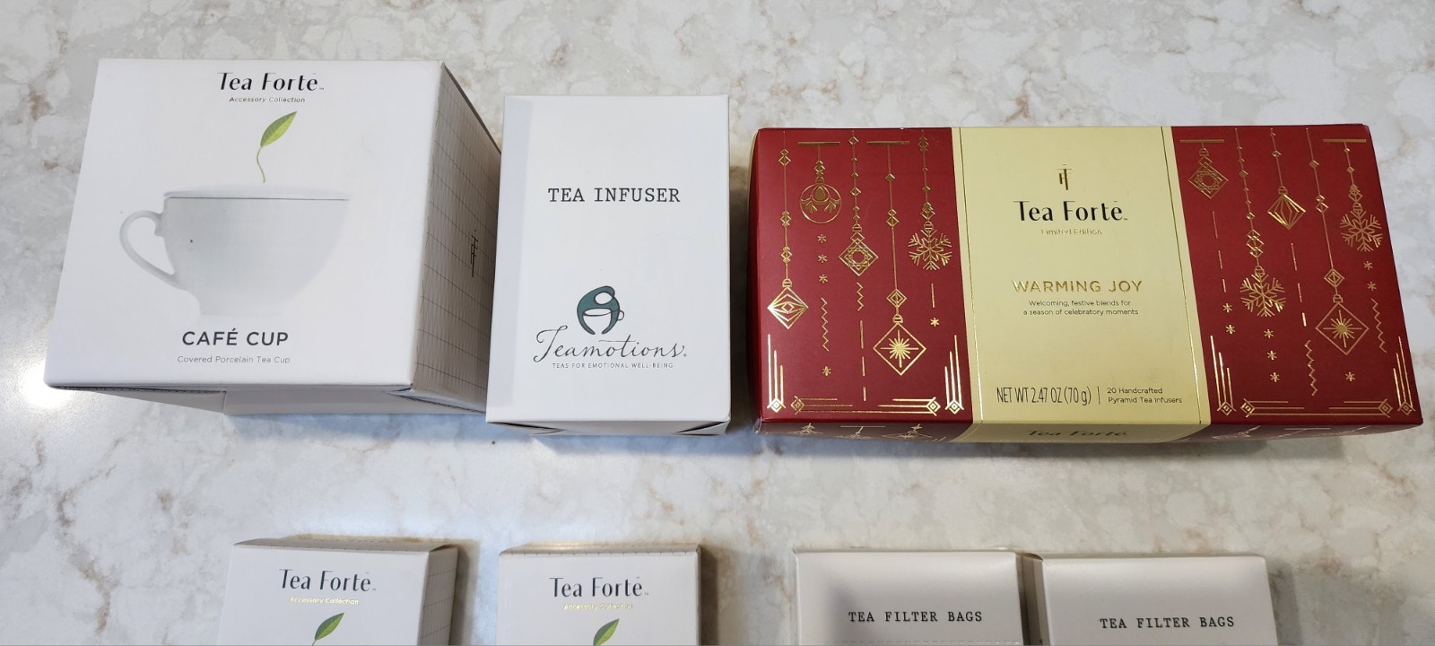 Tea Forte Gift Set 1 Cafe Cup 2 Tea Trays , Infuser, 60 Filter Bags, Warming Joy