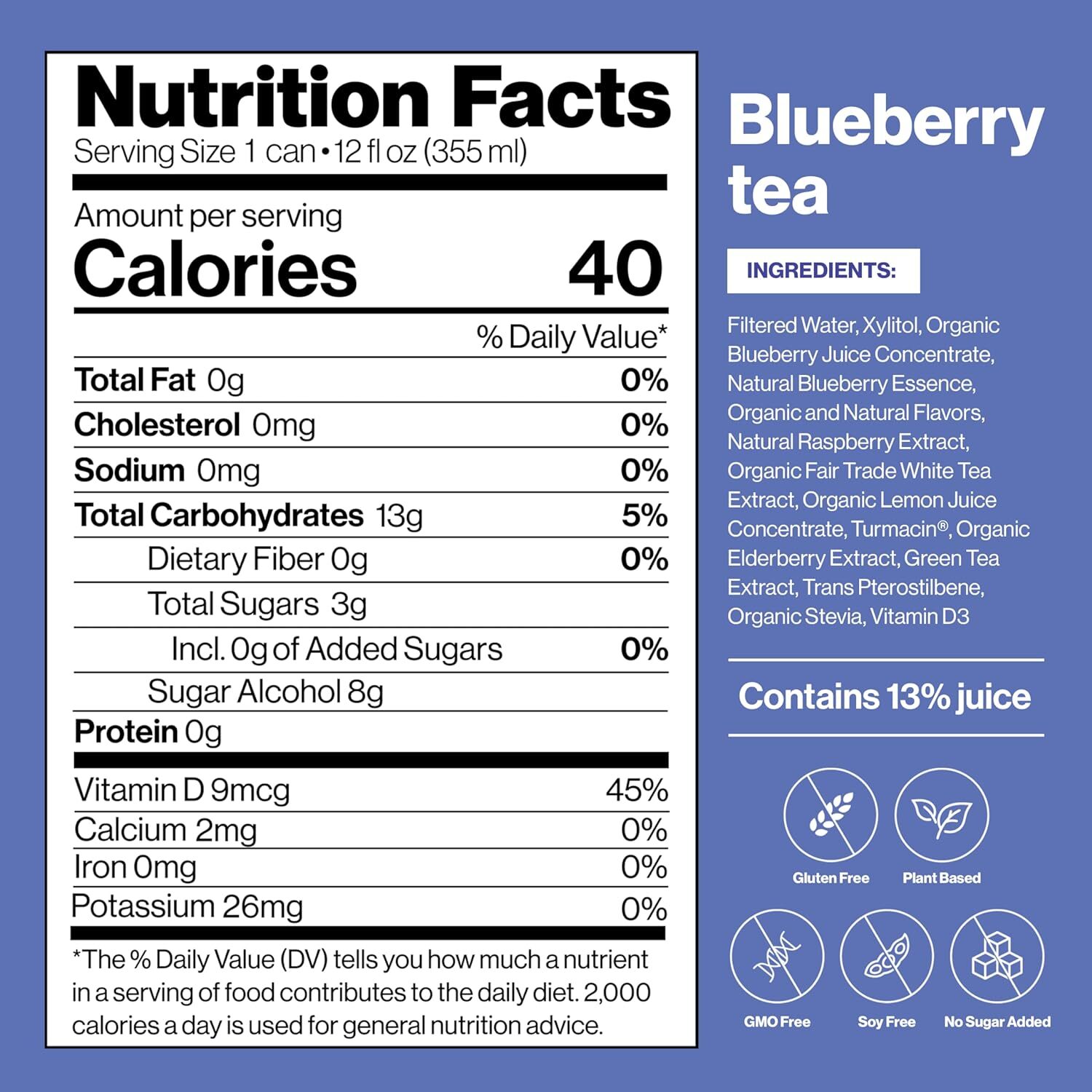 Nutrient-Rich Organic Blueberry White Tea,Low Calorie&Low Sugar drinks,4 Pack…