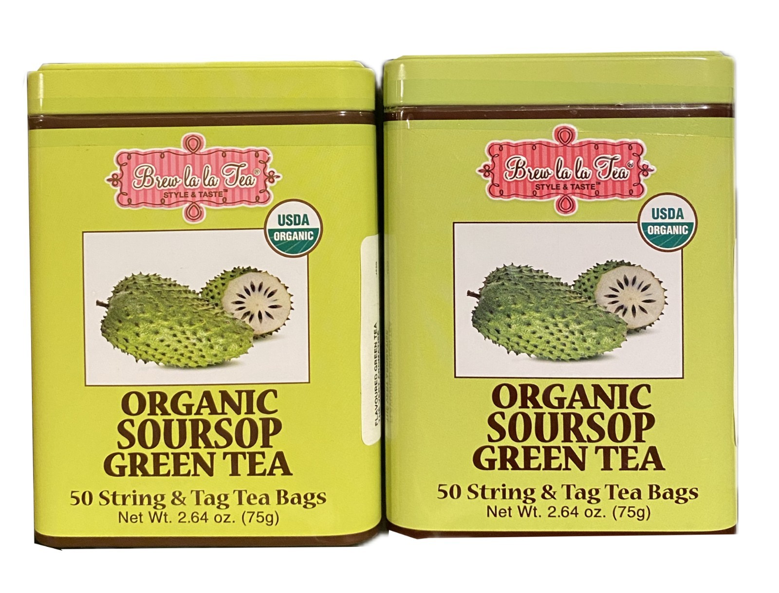 Brewlala Tea Organic Soursop Green Tea 50 String & Tag Tea Bags 75g 2pcs