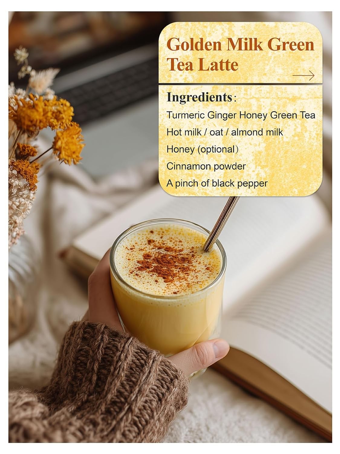 LOOMICA Honey Turmeric Ginger Green Tea, Naturally Caffeinated, Smooth Green Tea