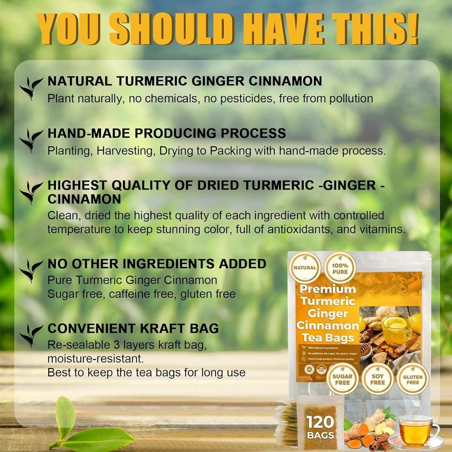 Premium Turmeric Ginger Cinnamon Tea Bags, 100% Natural &No Additive Support