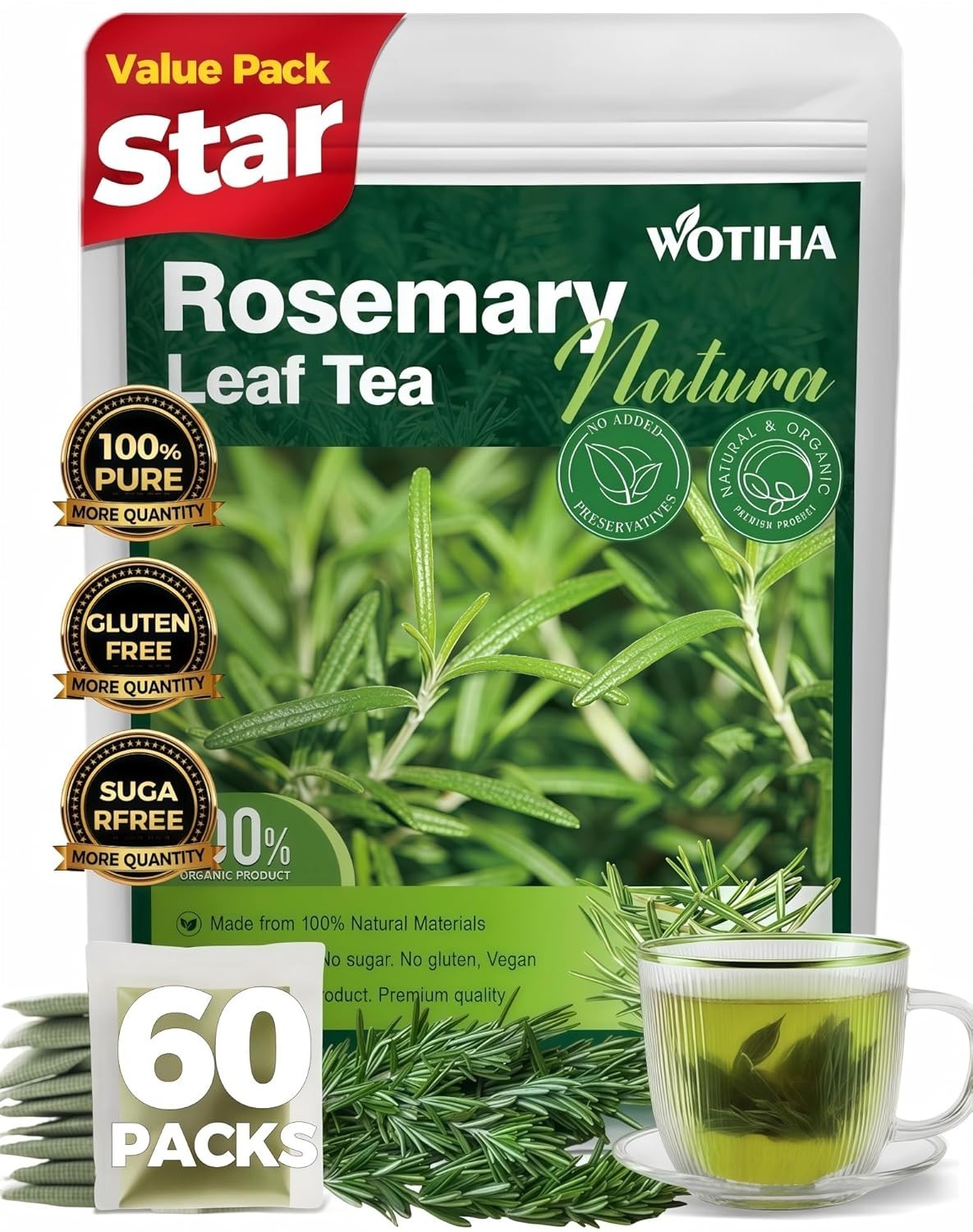 60 Count Premium Rosemary Leaf Tea Bags – 100% Pure Natural Rosemary Leaves