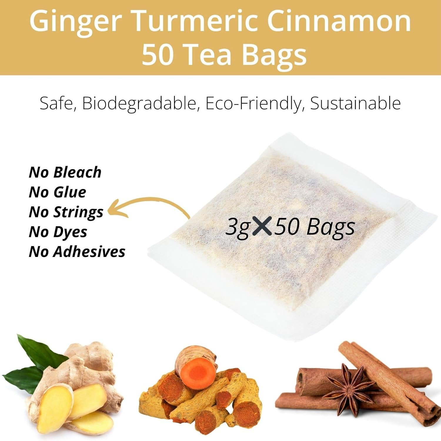 50 Premium Turmeric Ginger Cinnamon Tea Bags| Natural Ginger Tea Bags| Pure Tur
