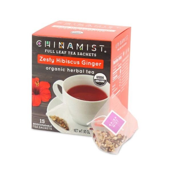 China Mist – Zesty Hibiscus Ginger Organic Black Full Leaf Tea Sachet, 2 Boxes