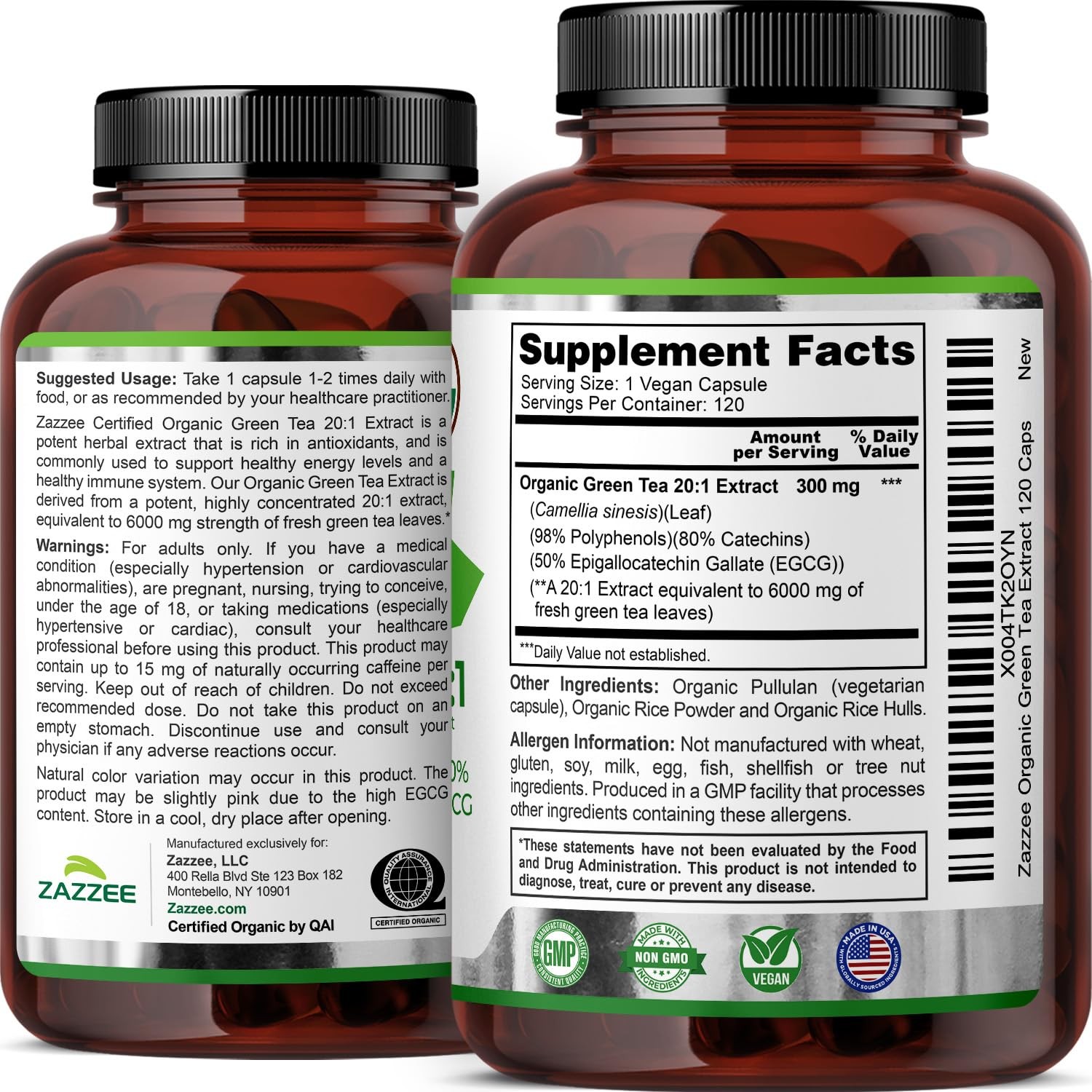 Zazzee USDA Organic Green Tea 20:1 Extract, 50% EGCG, 120 Count (Pack of 1)