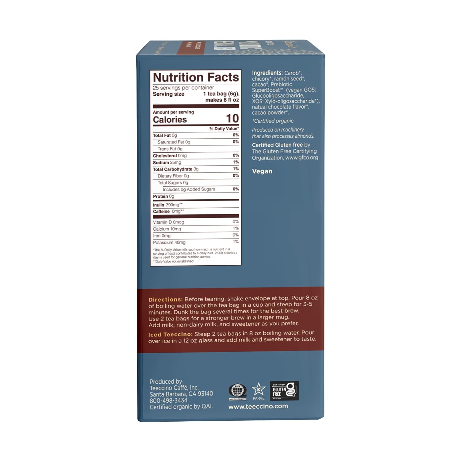 Teeccino Dark Chocolate Prebiotic Herbal Tea 25 Bags Gut Health Support