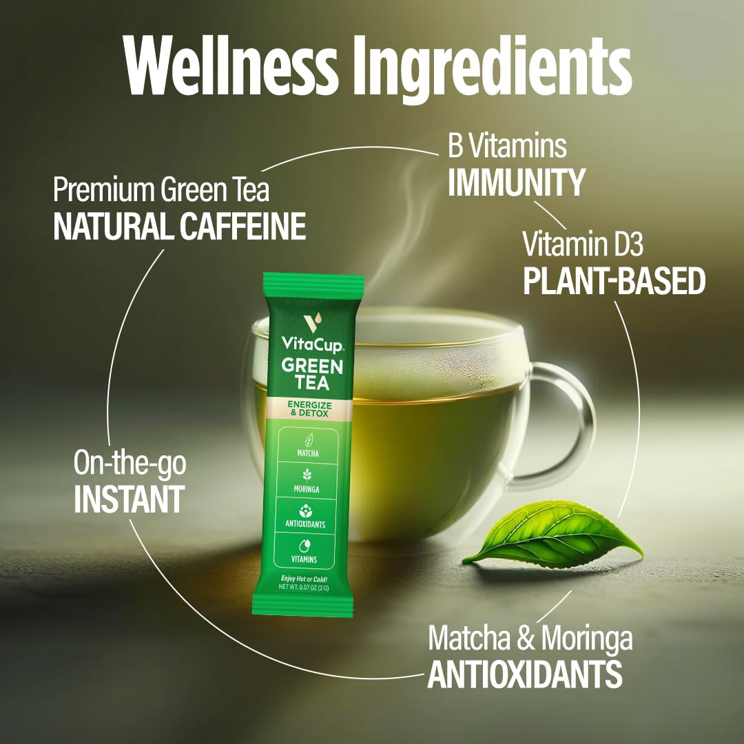 Vitacup Green Tea Instant Packets, Enhance Energy & Detox with Matcha, Moringa,