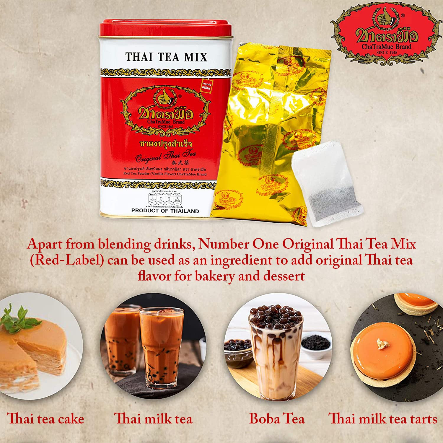 Number One Original Thai Tea Bags Red Label for Iced Tea, Milk Tea or Boba Tea B