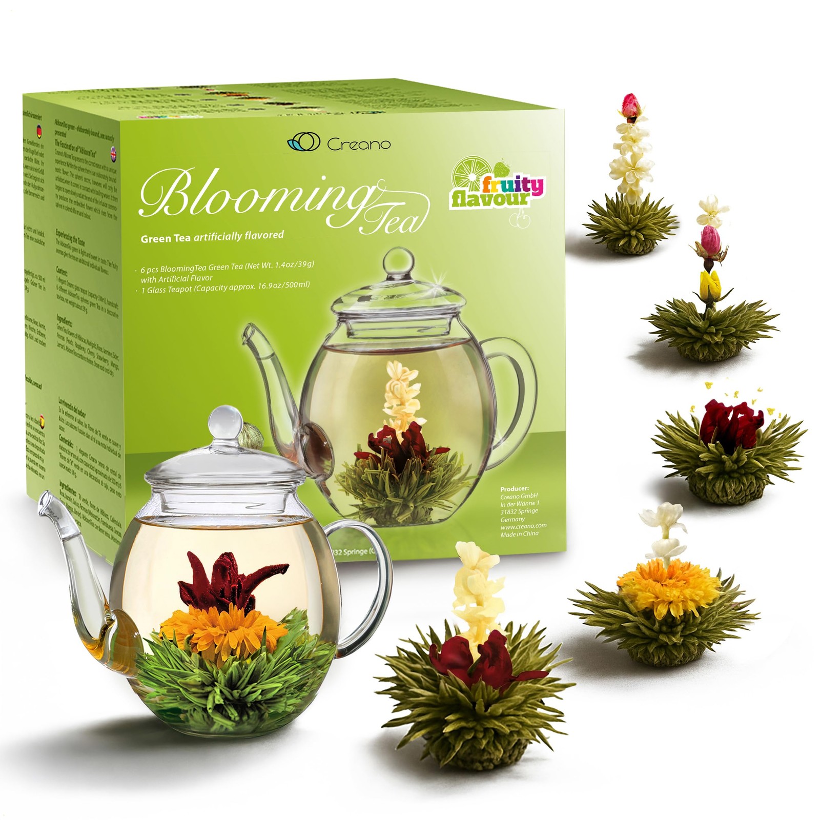 Creano Blooming Tea Gift Set with Glass Teapot 17oz 500ml – Green Tea Fruity …