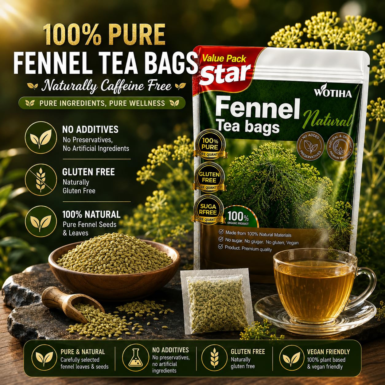 90 Count Organic Premium Fennel Tea Bags – 100% Natural & Pure Herbal Tea, Suppo