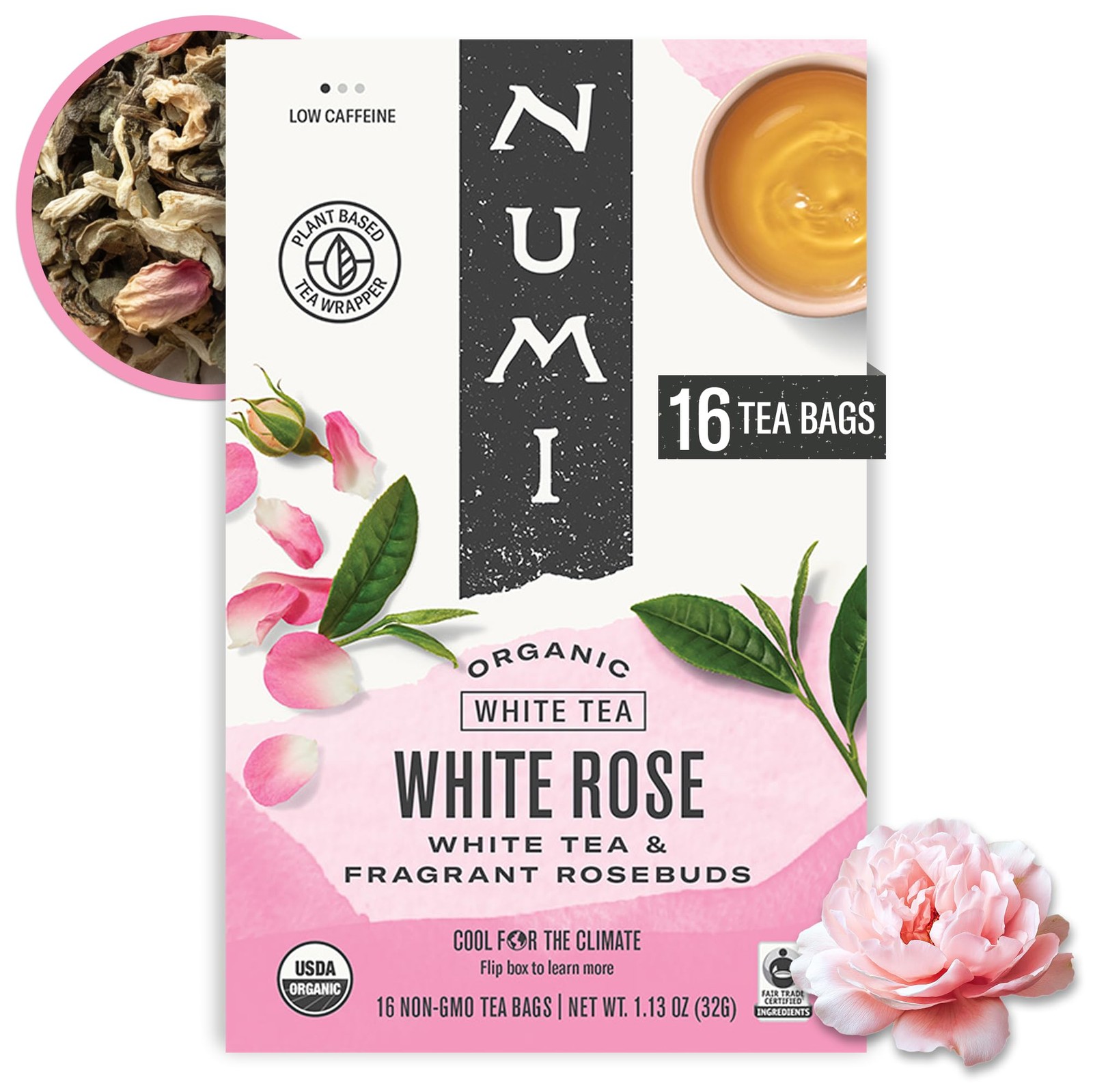 Organic White Rose Tea Bags 16 Count, Low Caffeine, Floral Flavor
