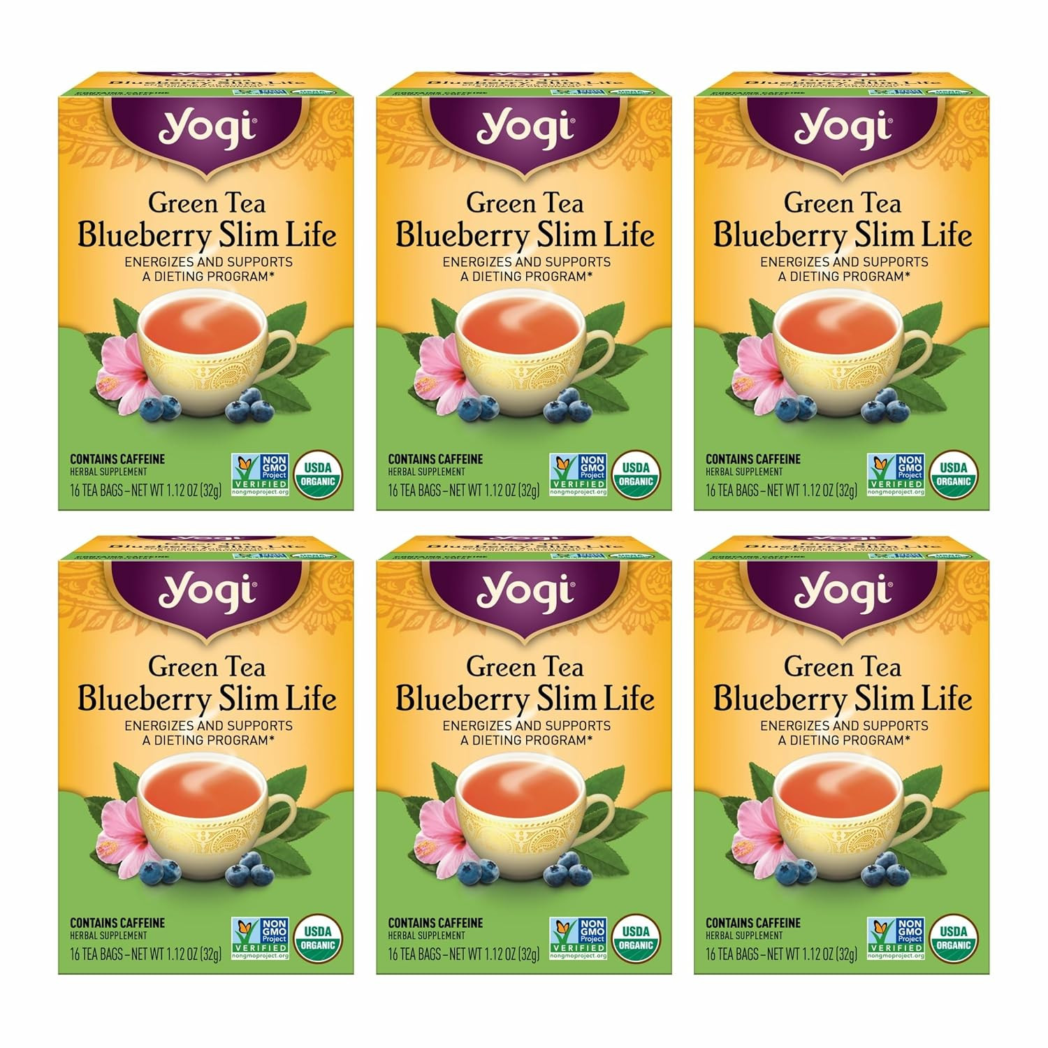 Yogi Tea Green Tea Blueberry Slim Life Tea – 16 Tea Bags per Pack (6 Packs) – Or