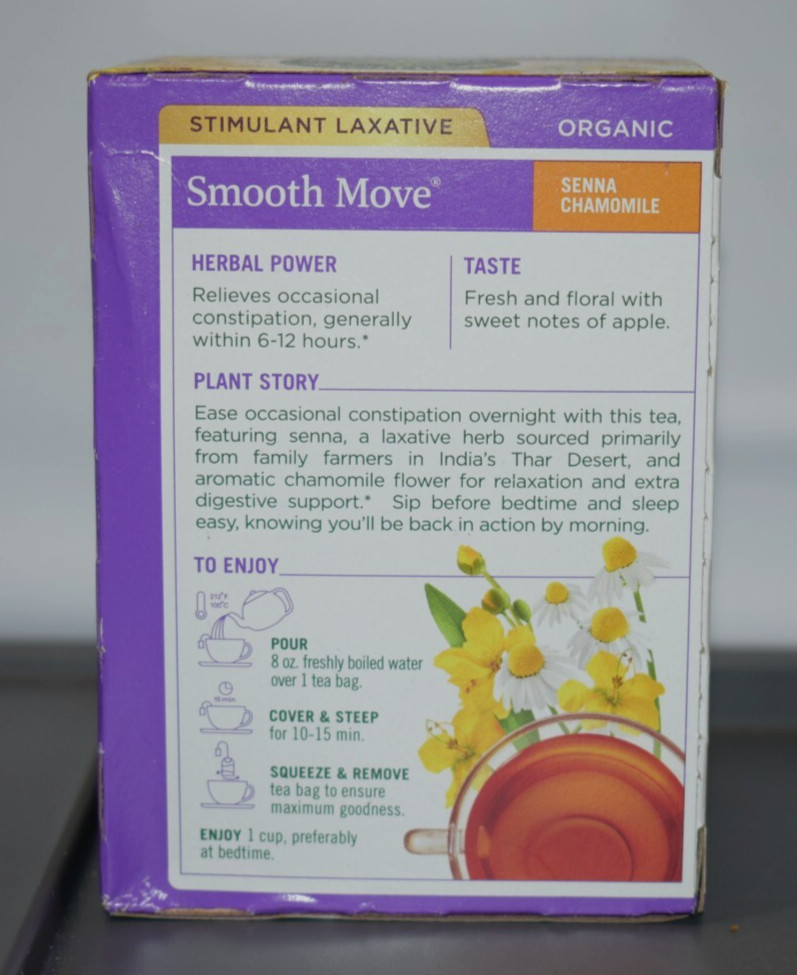 Organic Smooth Move Senna Chamomile Stimulant Laxative Caffeine-Free 16 TEA Bags