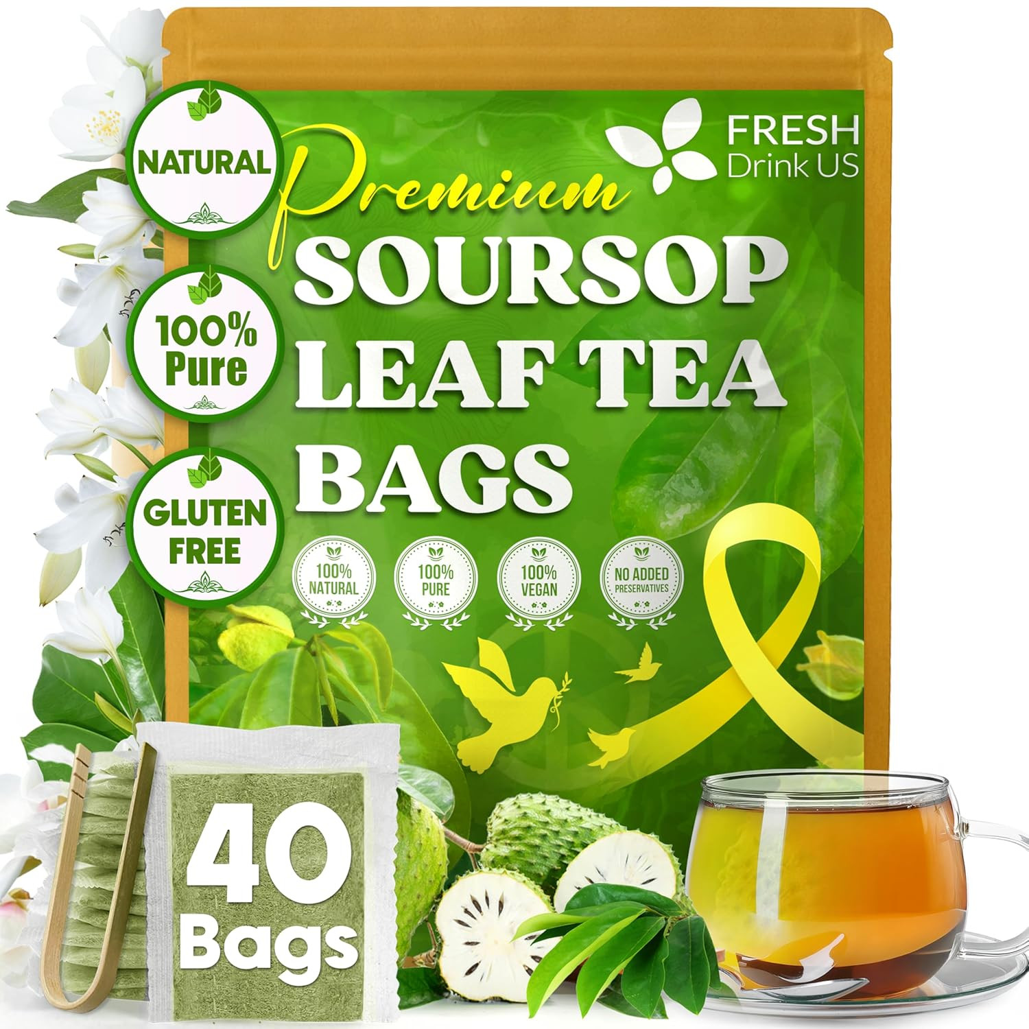 40 Premium Soursop Graviola Leaf Tea Bags, 100% Natural and Pure from Soursop Le