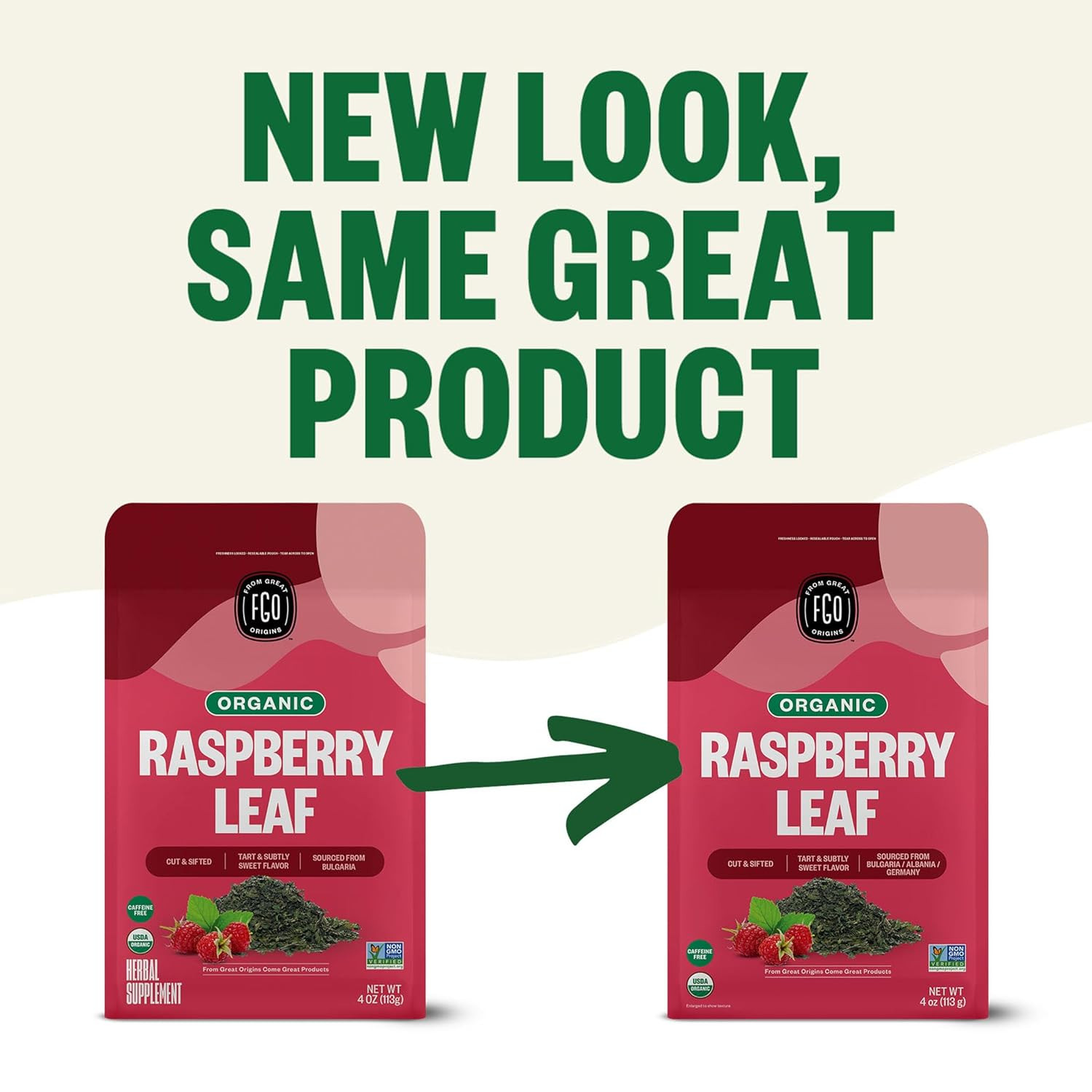 FGO Organic Red Raspberry Loose Leaf Herbal Tea, Cut and Sifted, Caffeine Free,