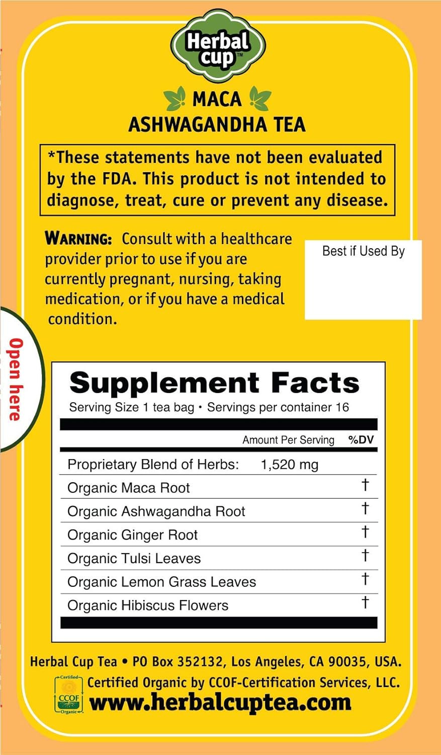 Herbal Cup Ayurveda Maca Tea, Organic Ashwagandha, No Caffeine Herbal Teas (16 C
