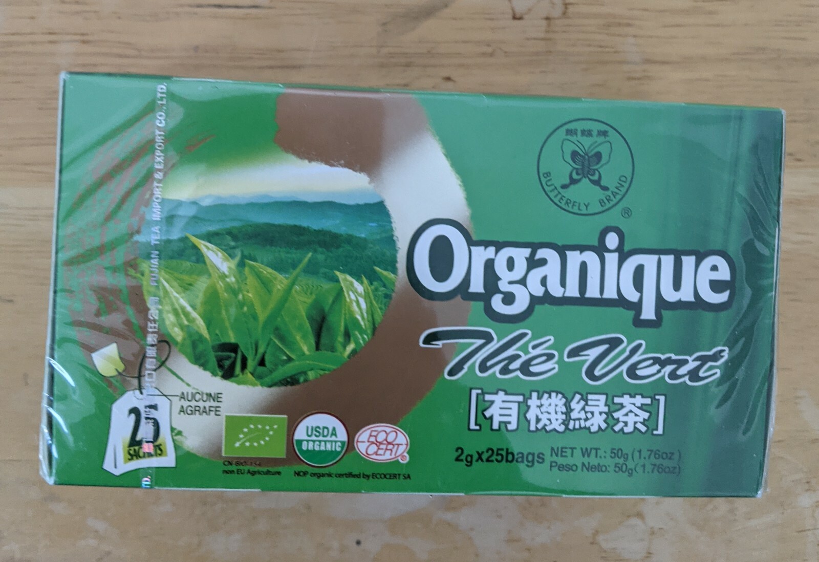 Organic Green Tea USDA Organic Butterfly Brand 25 bags No staple 100% Green Tea