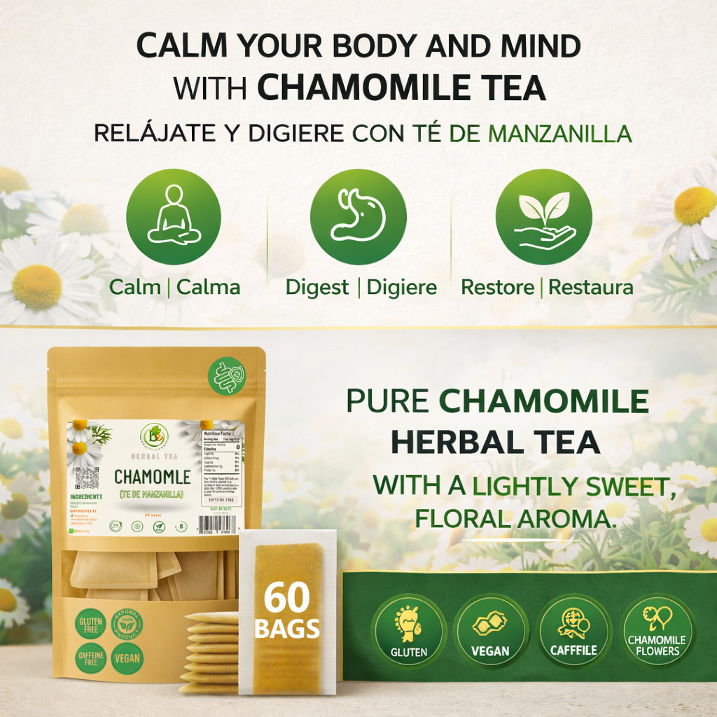 Manzanilla Té (ChamomileTea)–60 Tea Bags–100% Natural Infusion-by BEXPERTSUSA