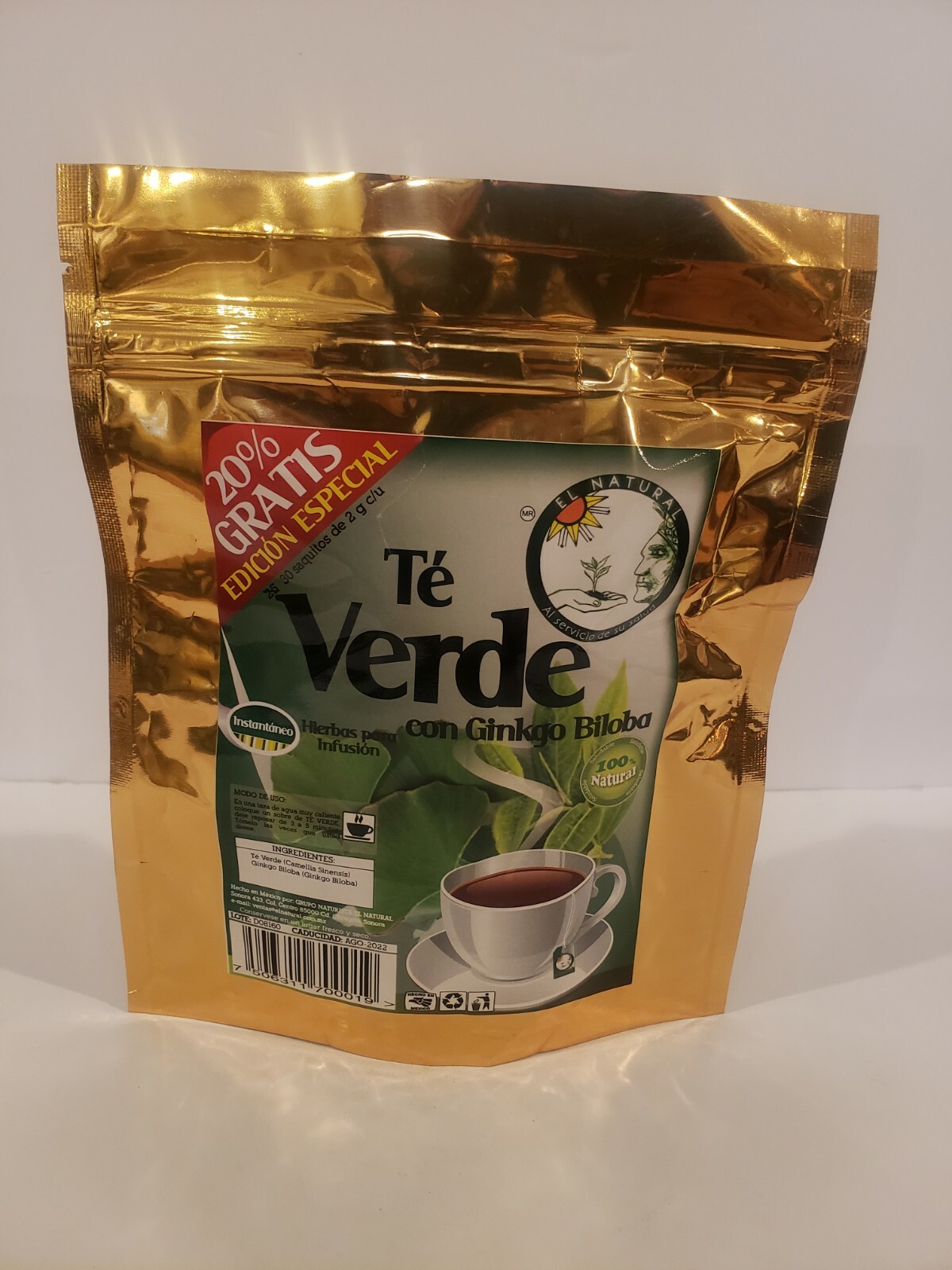 GREEN TEA WITH GINKGO BILOBA TE VERDE 30 SOBRES/BAGS”Circulacion,Asma, Arrugas”