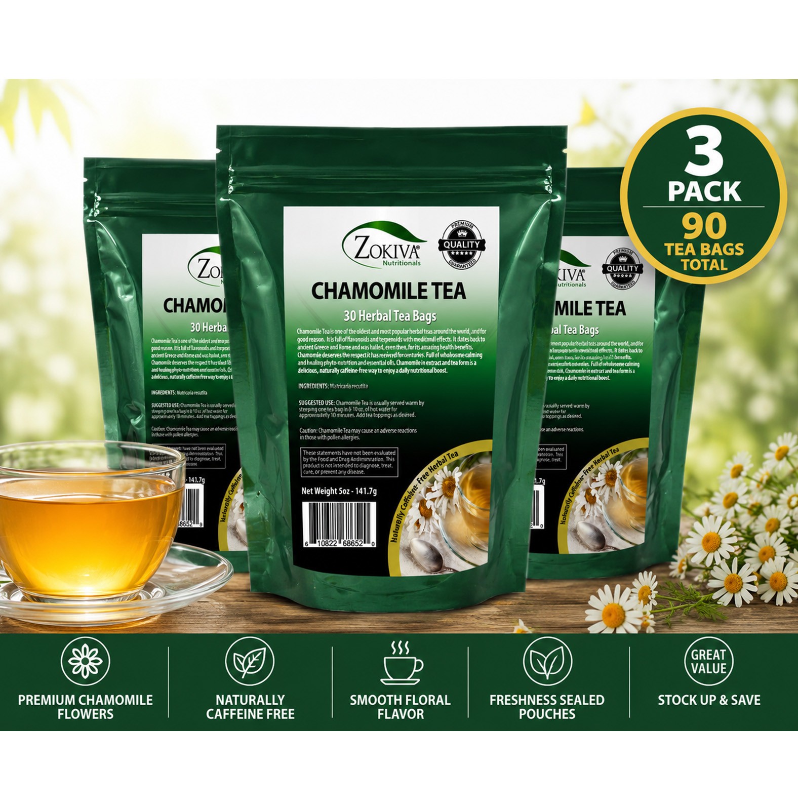 Chamomile Tea Bags 90 Count 3 Pack Herbal Tea Naturally Caffeine Free Zokiva