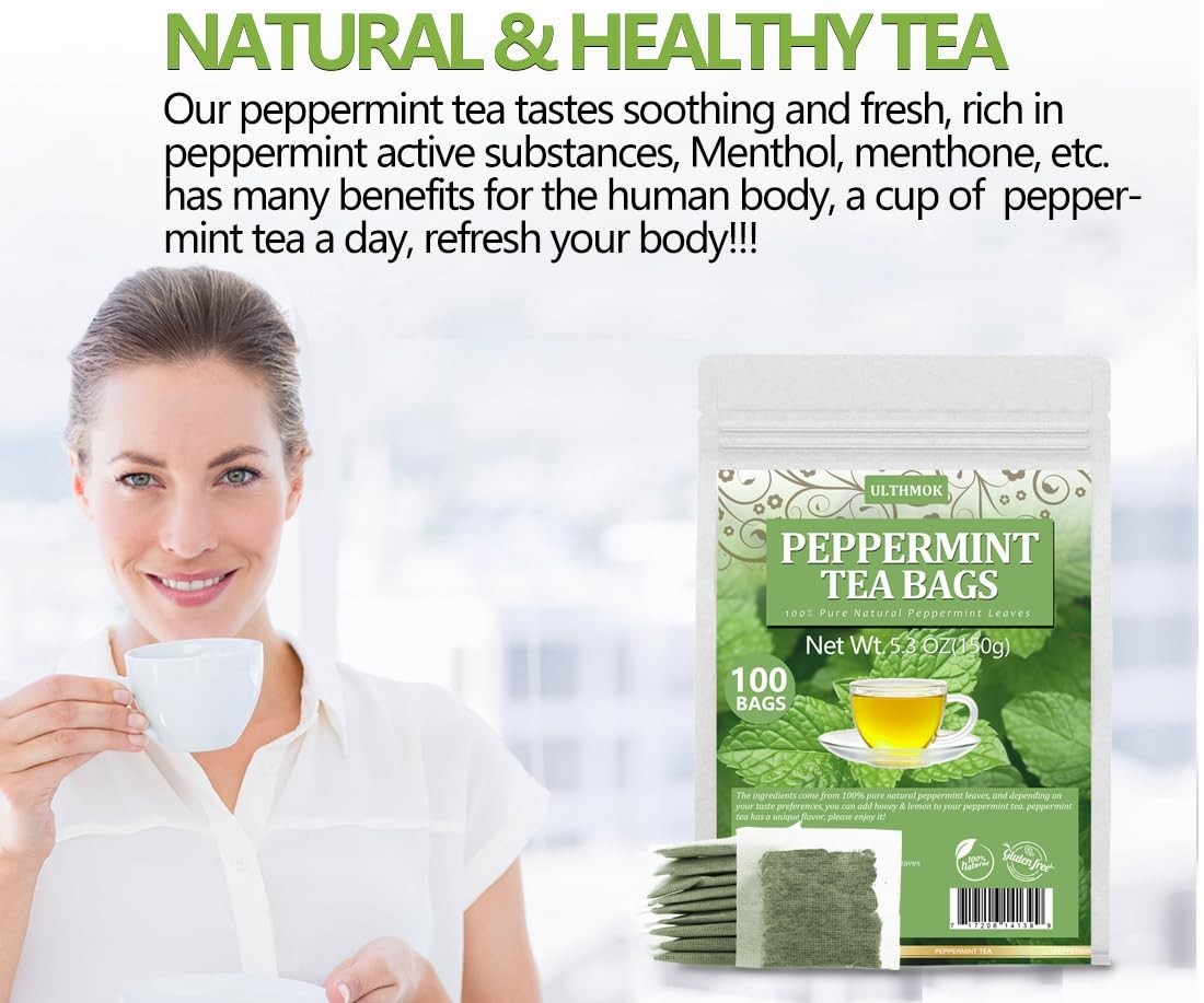 Peppermint Tea Bags, 100 Natural, Caffeine Free – 100 Bags Free Shipping