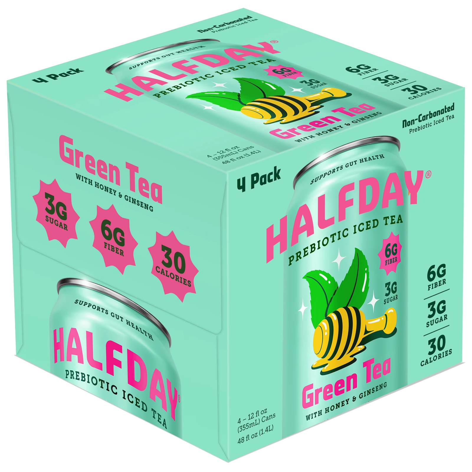 Halfday Prebiotic Green Tea, Honey Ginseng, 6G Fiber, 3G Sugar, 30 Cal, 12 Oz, 4