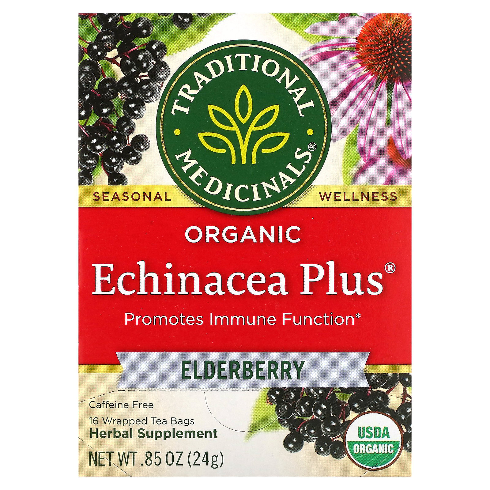 Organic Echinacea Plus, Elderberry, Caffeine Free, 16 Wrapped Tea Bags, 0.85 oz