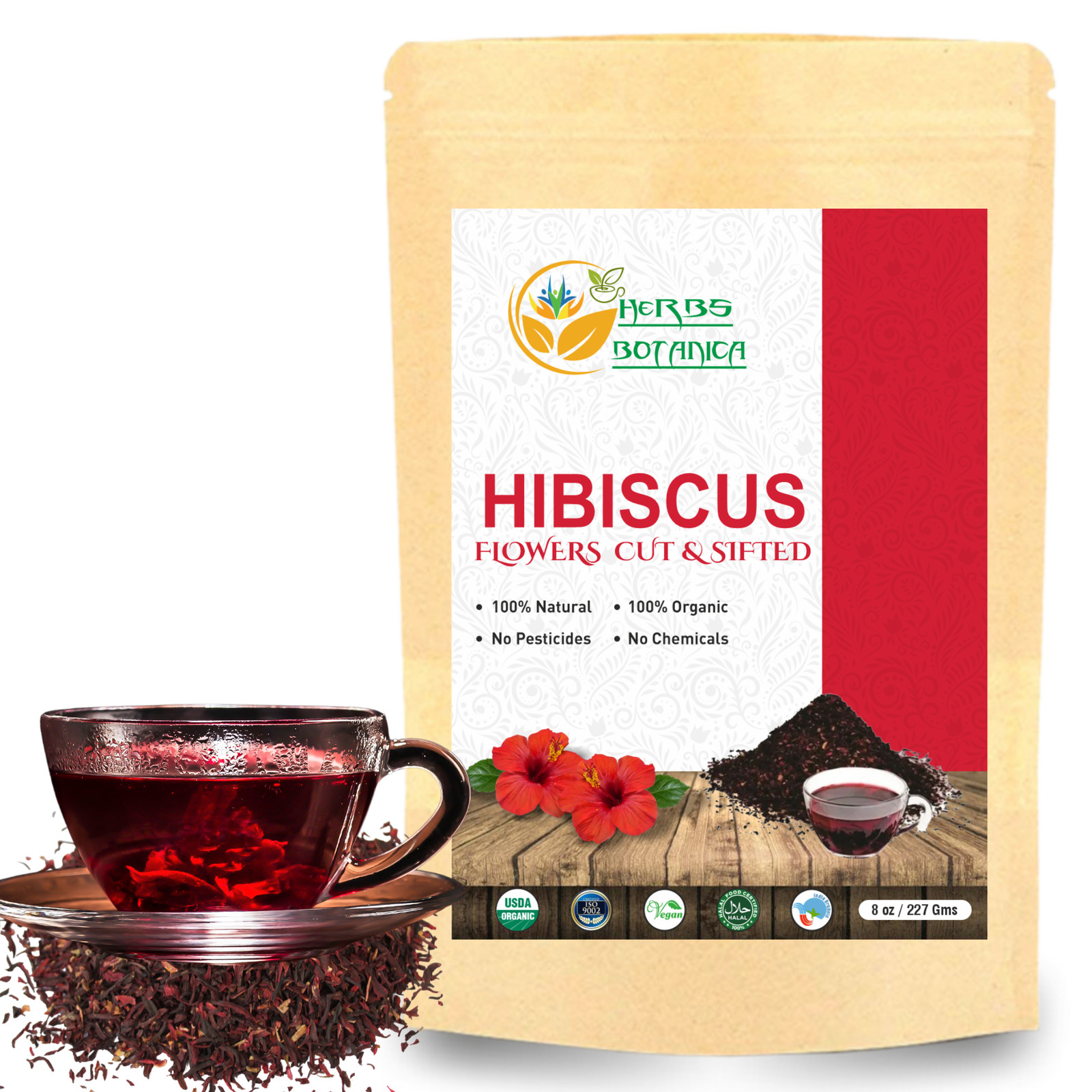 Organic Hibiscus Flowers Loose Cut And Sifted For Herbal Tea Keto Friendly 8 oz