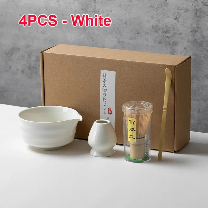 4PCS Matcha Set Bamboo Whisk Teaspoon Ceramic Bowl Tranditional Tea Sets Home Te