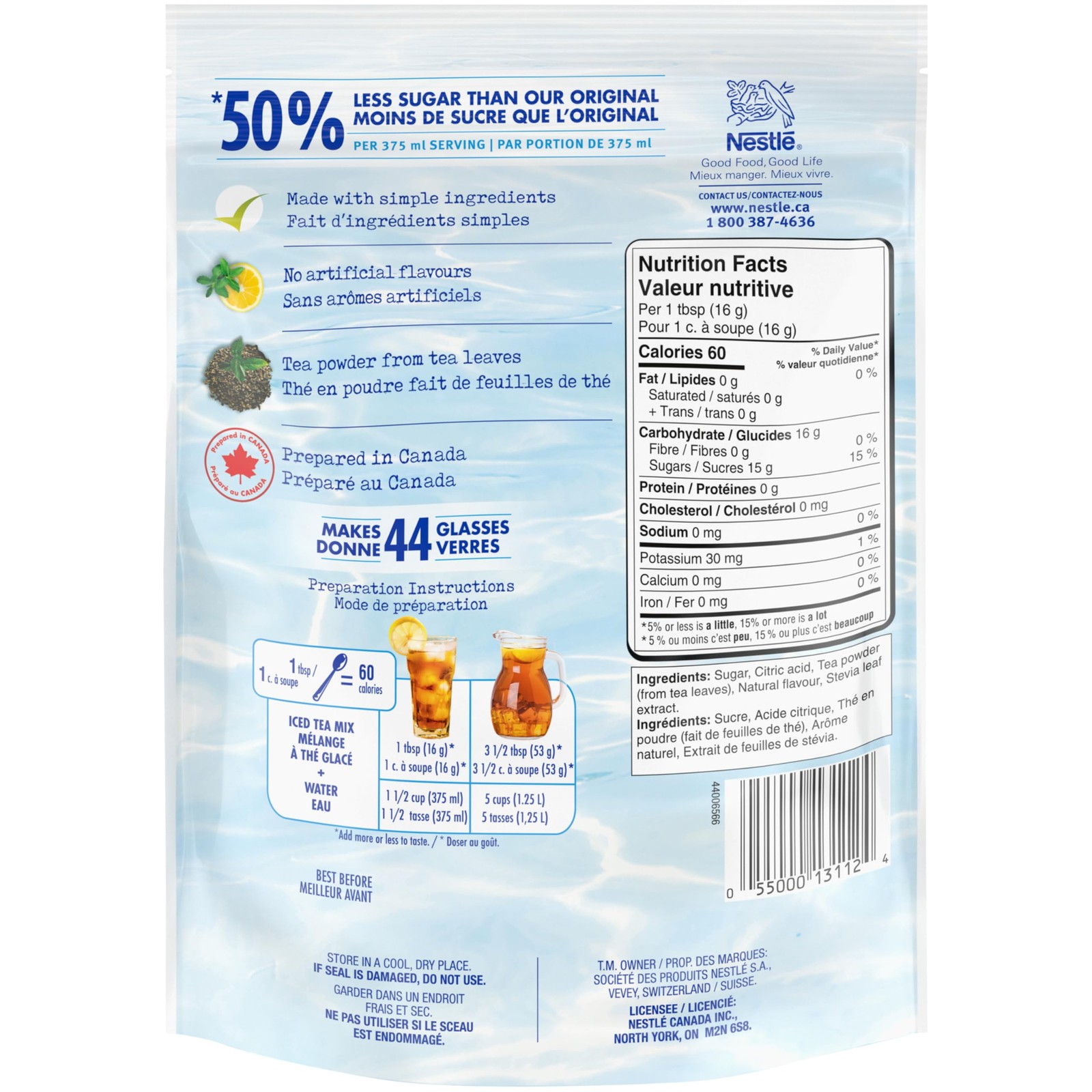 Original Iced Tea Mix, Less Sugar, 715g Pouch – Imported From Canada