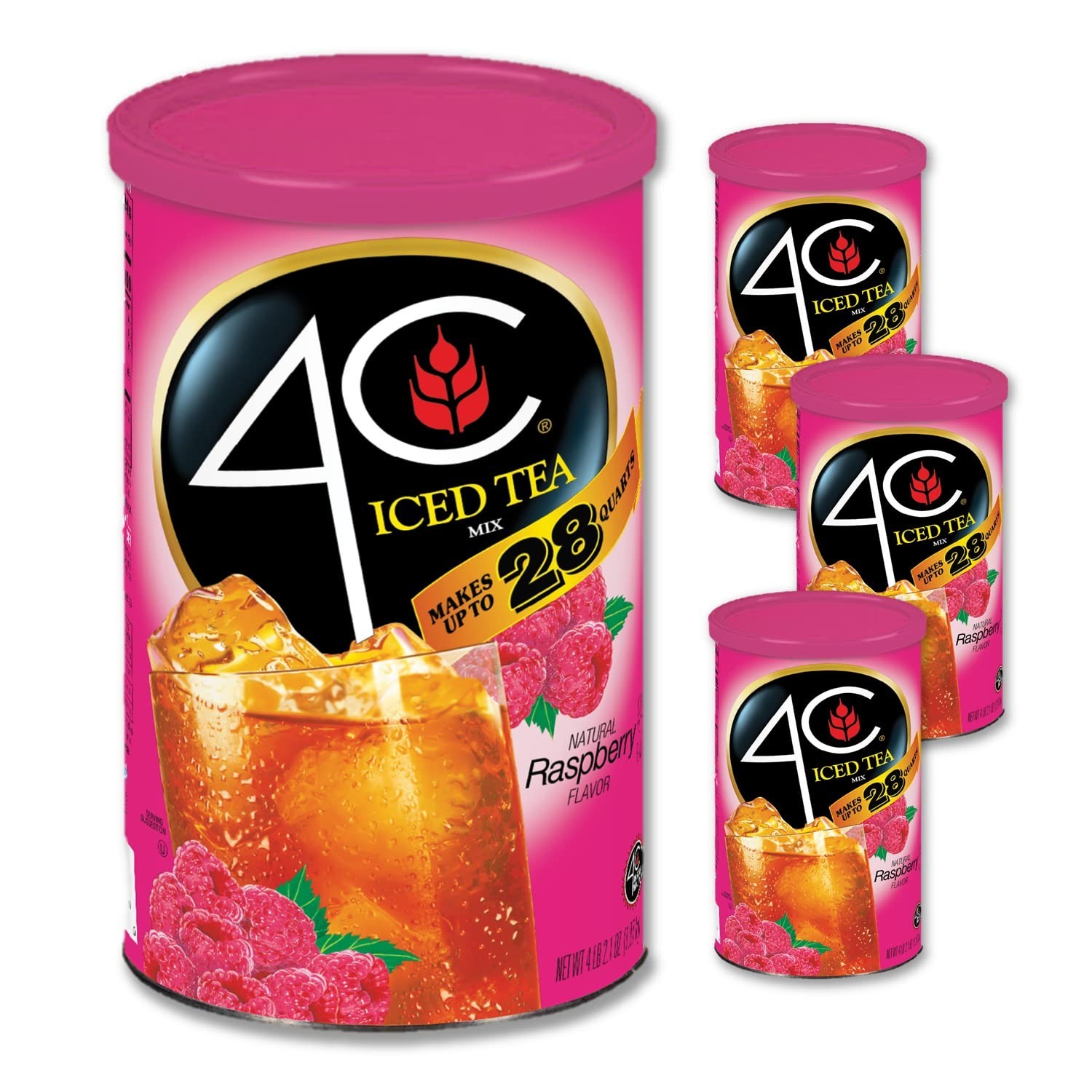 4C Powdered Raspberry Drink Mix Tea( 4 Pack), 28 Quarts, Family Sized Cannister