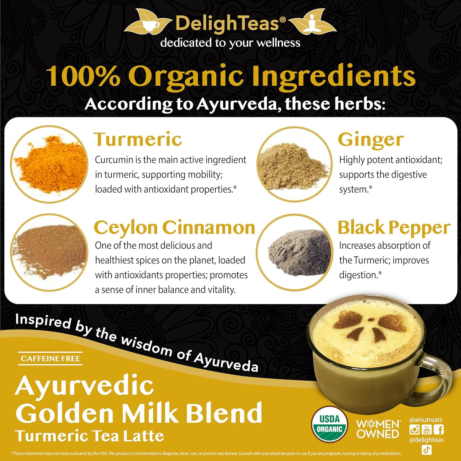 Organic Golden Milk Powder with Turmeric, Ginger, Ceylon Cinnamon | Ayurvedic Sp