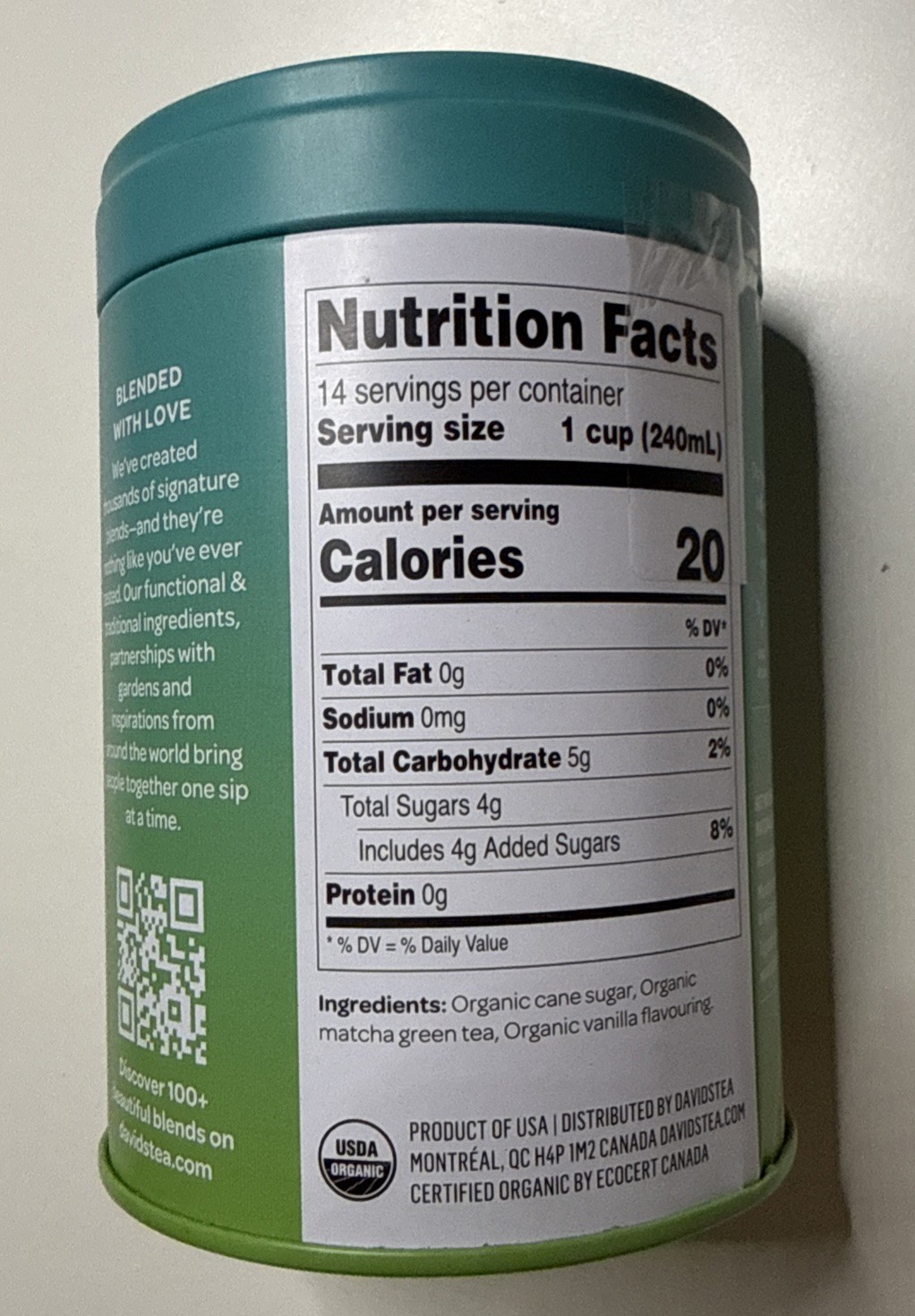 MATCHA DavidsTea Vanilla Organic Matcha 2.29 Oz. Drink Mix Vegan Low Caffeine