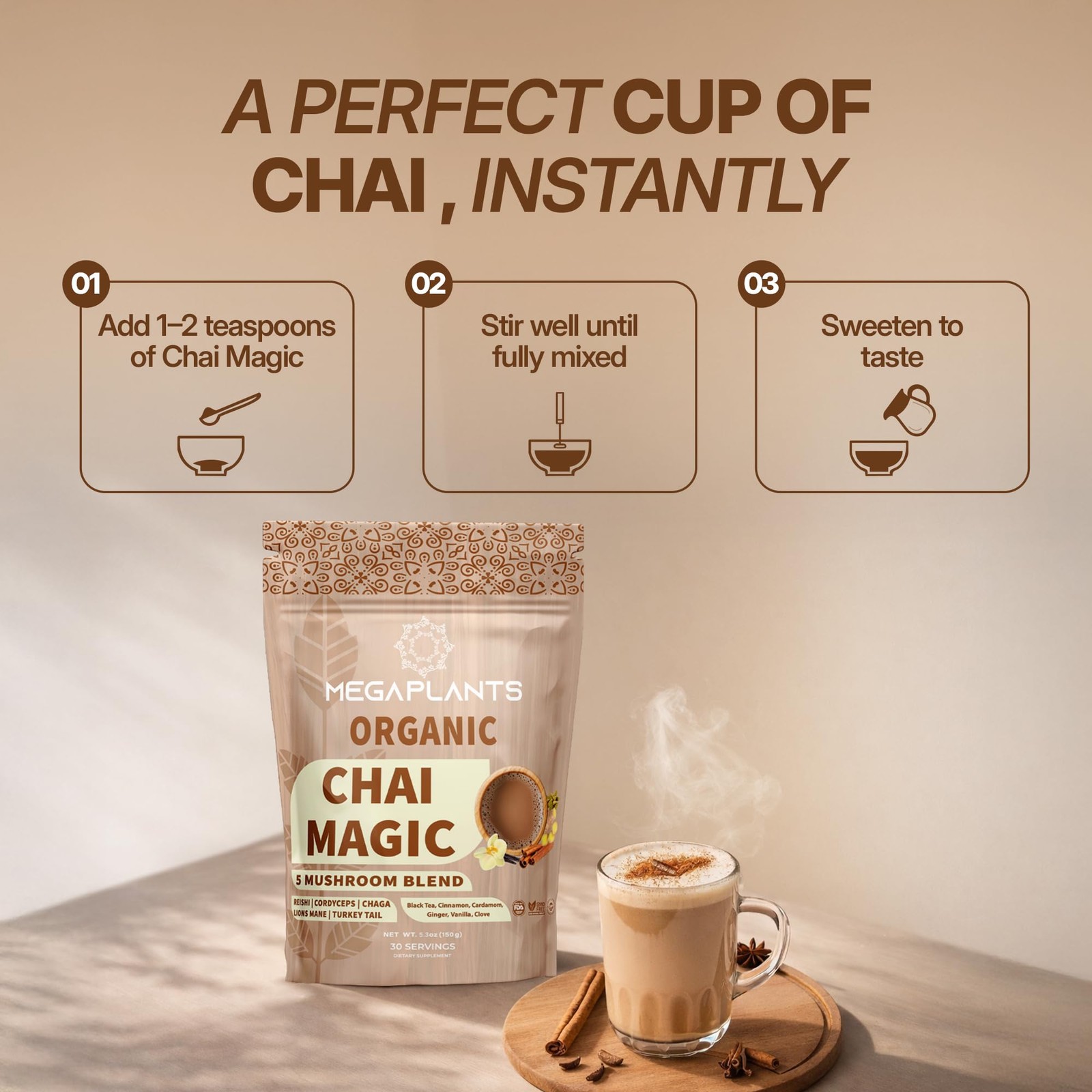 MEGAPLANTS Chai Magic 30 Servings | Superfood 5 Mushroom Powder Blend for Foc…
