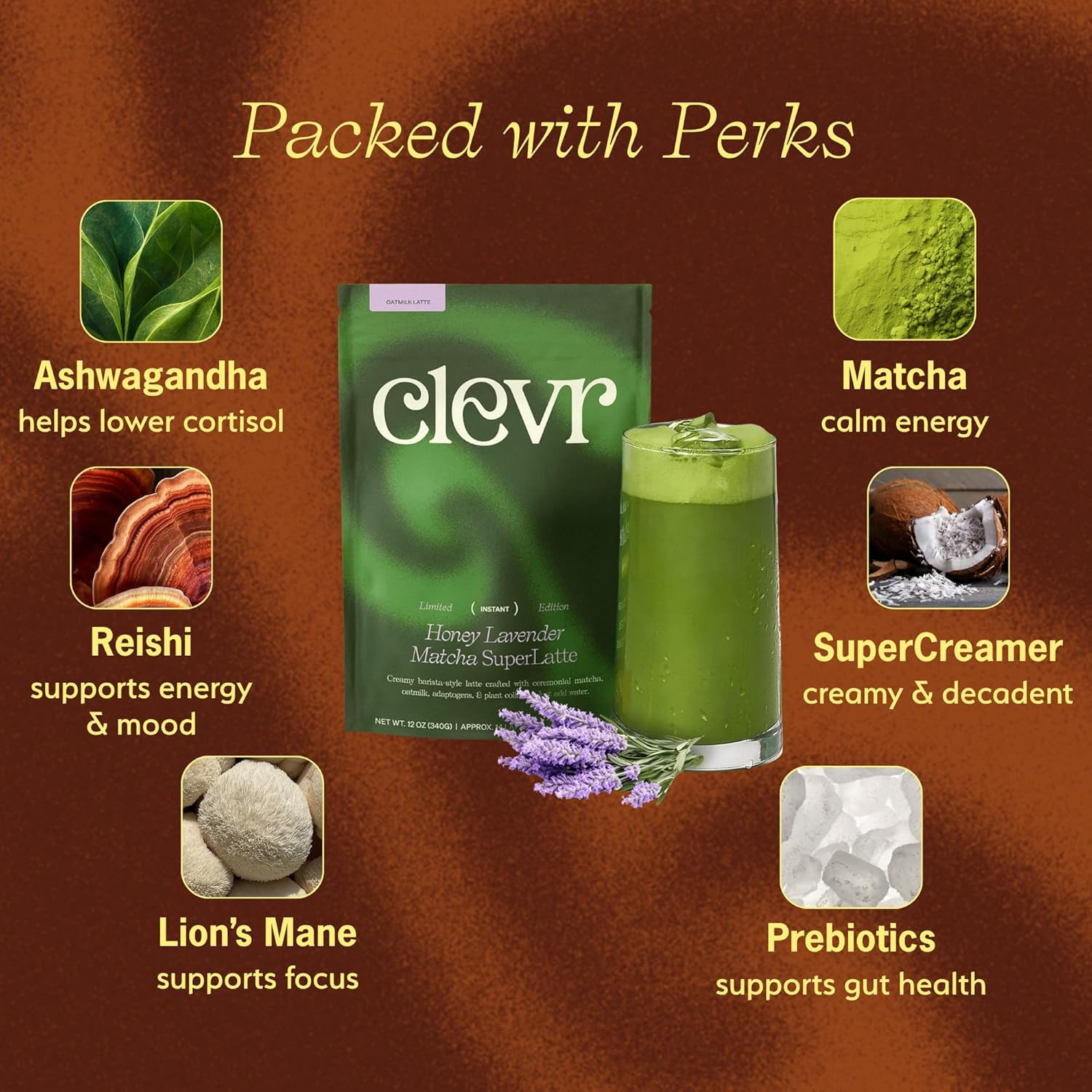 Clevr Honey Lavender Matcha Superlatte, Instant Ceremonial Grade, Superfood Powd