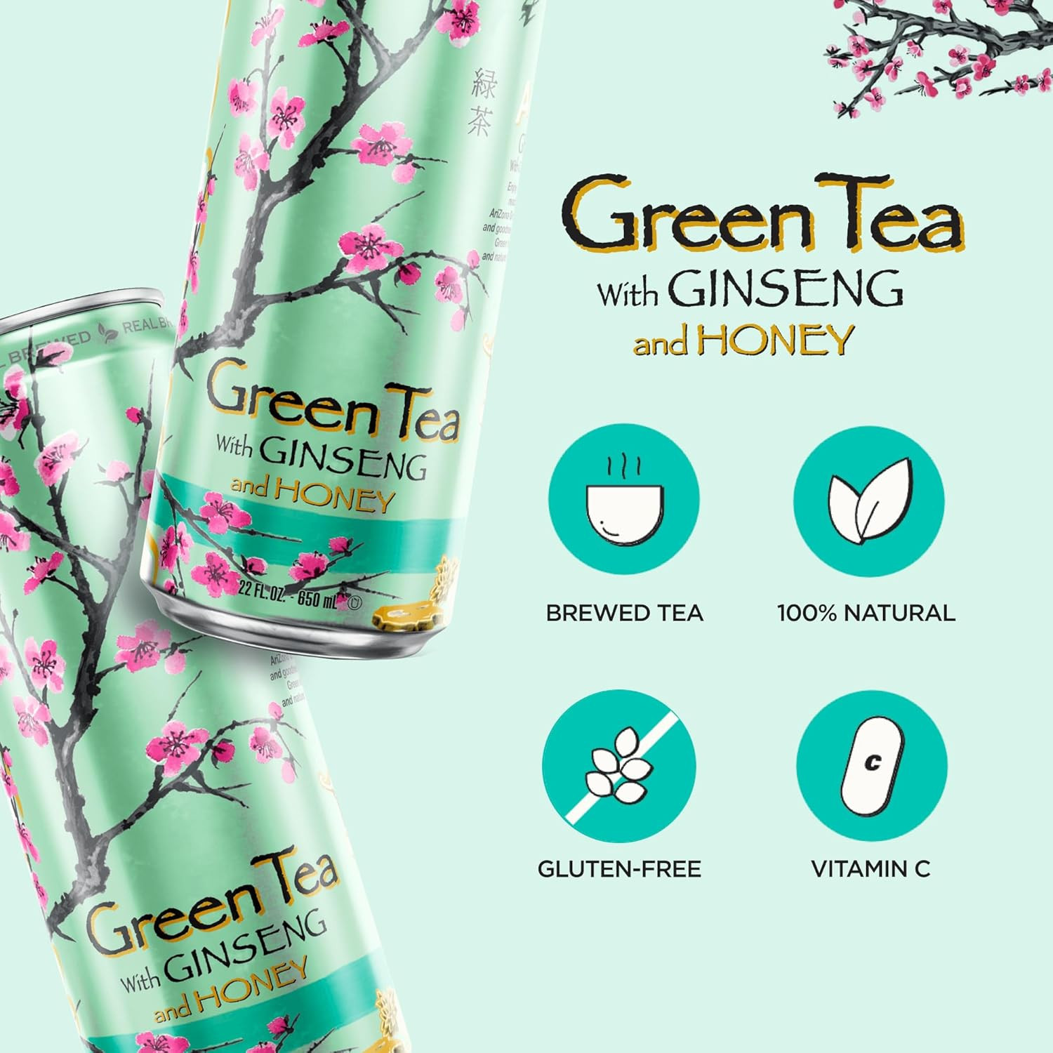 Arizona Green Tea with Ginseng and Honey – Big Can, 22 Fl Oz (Pack of 12)