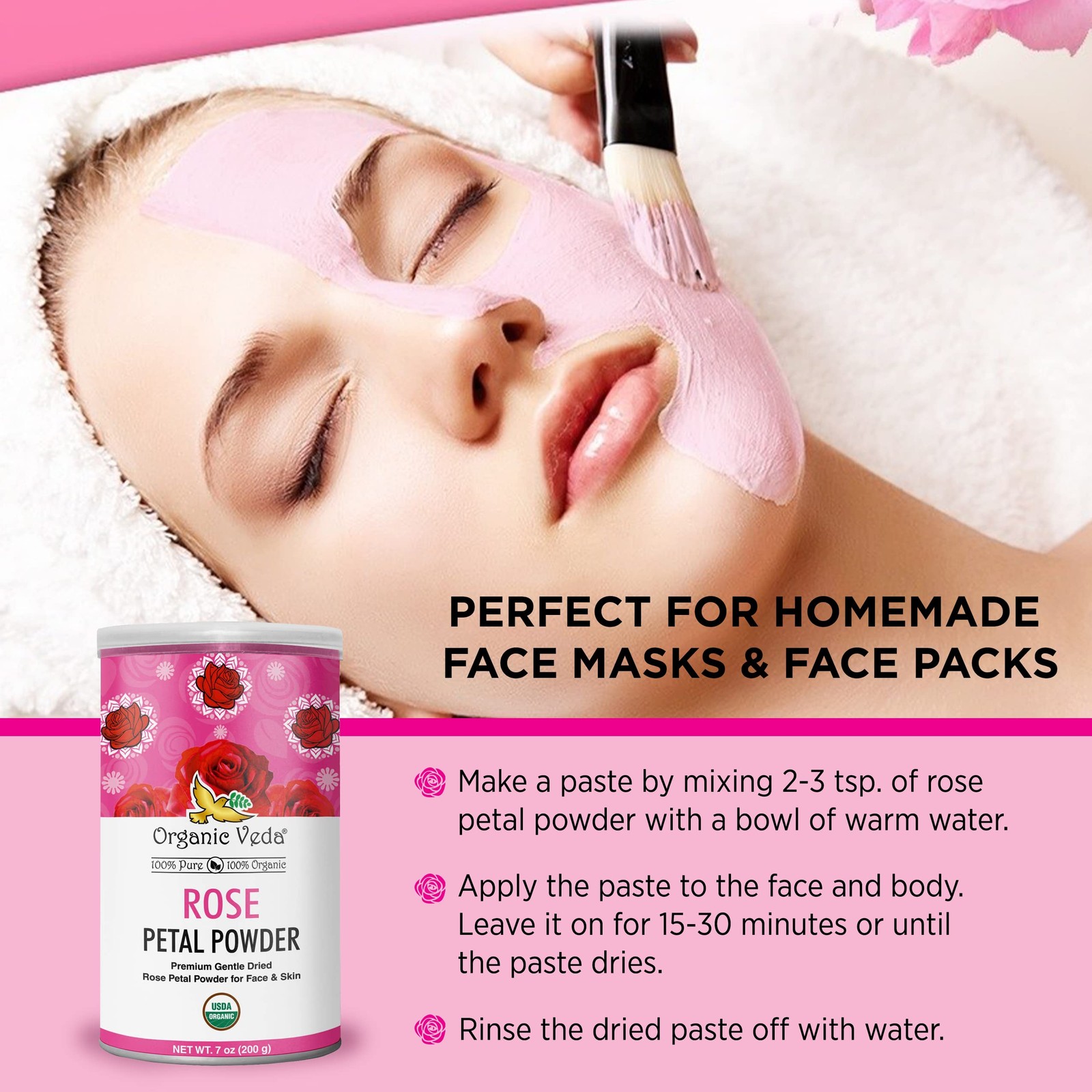 Organic Rose Petal Powder 7oz – Edible for Cooking Tea Smoothies Vegan