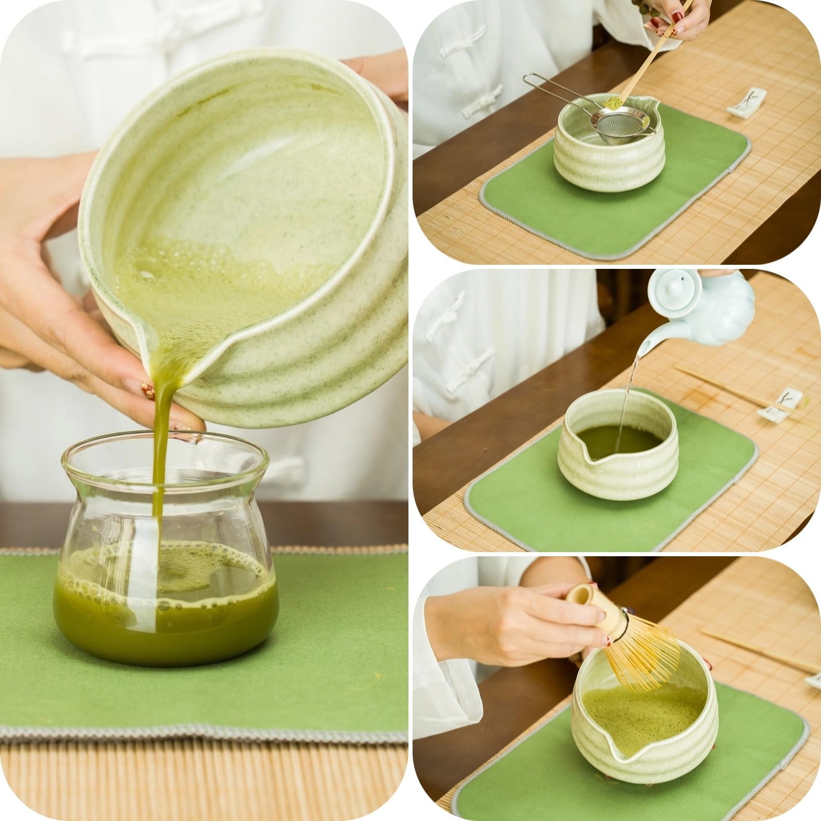 7 PCS Matcha Making Kit with Whisk Ceramic Bowl Sifter Scoop Holder Towel