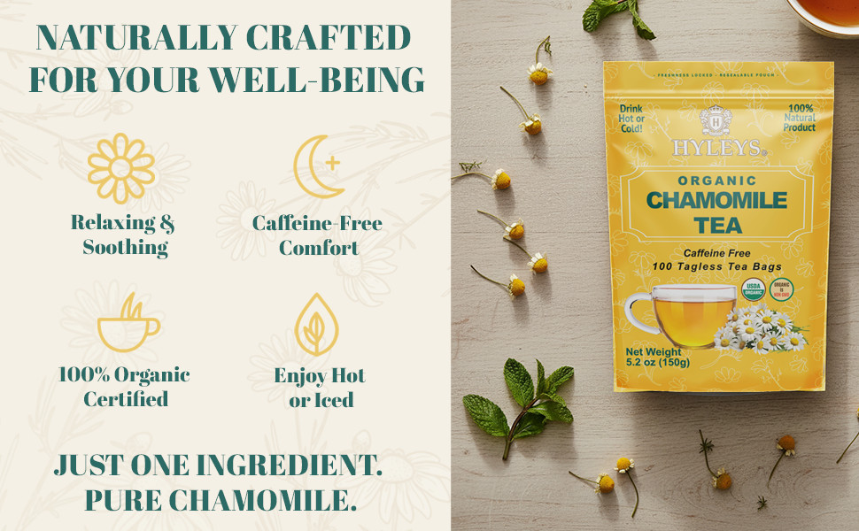 Hyleys Chamomile Tea Organic – 100 Tea Bags – Caffeine Herbal Tea