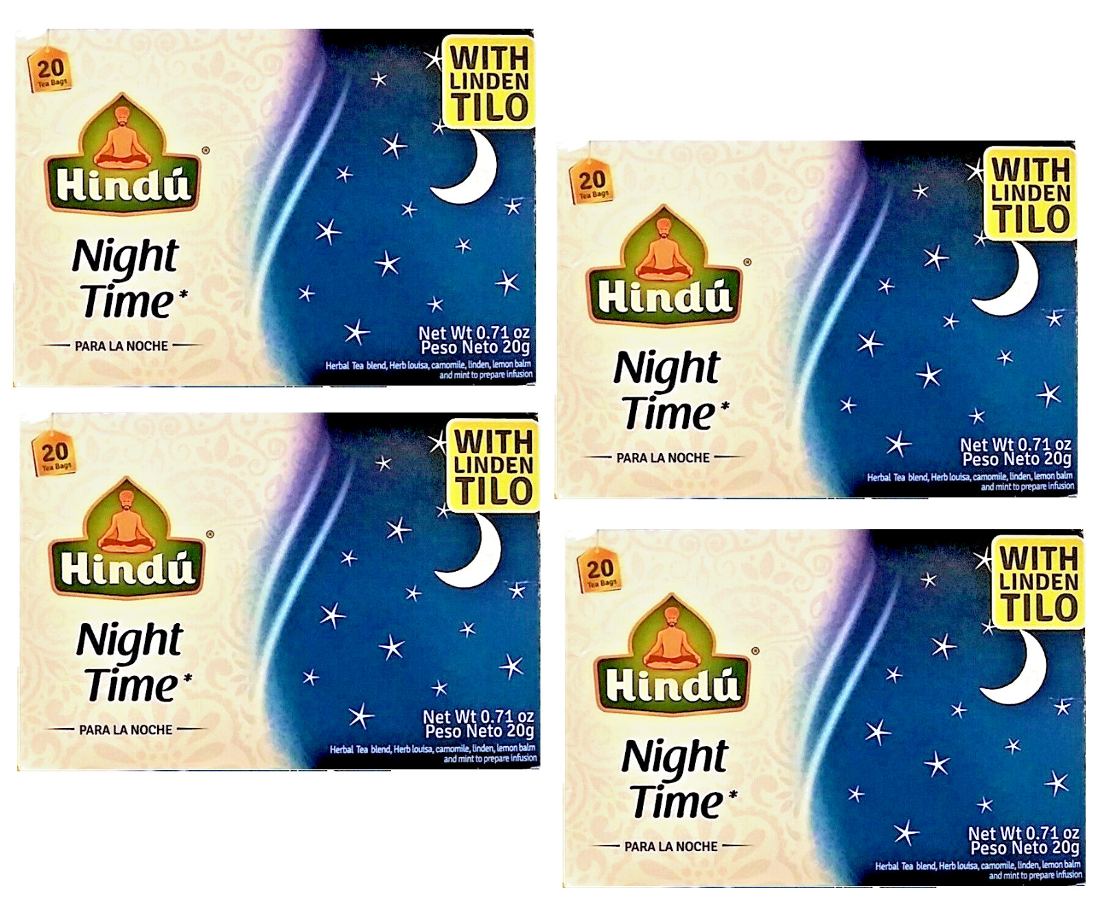 Hindu Night Time Tea Chamomile-Louise-Linden-Lemon Balm-Mint, 20 Bags (4 Pack)