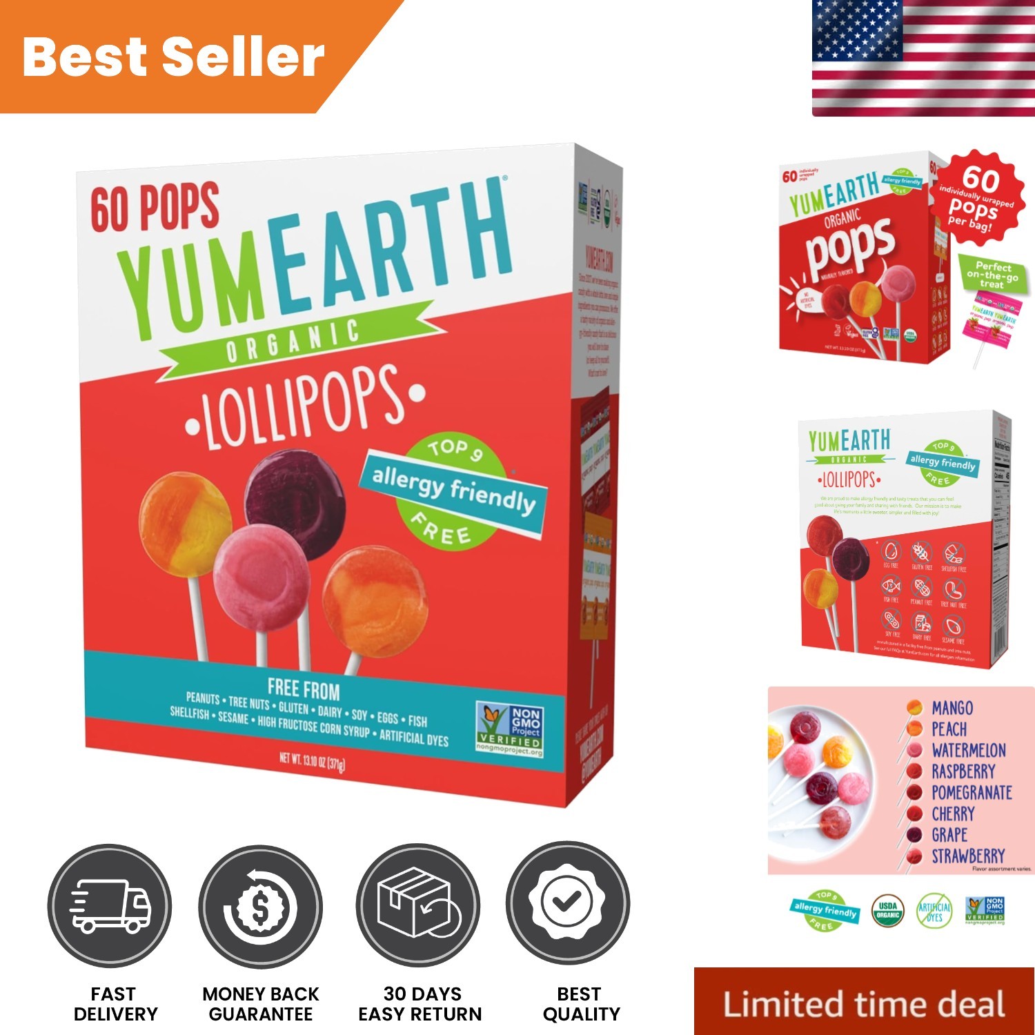 60 Count Fruit-Flavored Organic Lollipops – No Artificial Dyes, Gluten Free