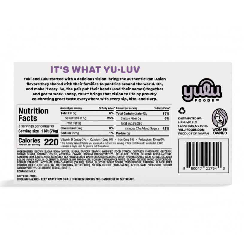 Yulu Foods Instant Boba Taro Milk Tea, Bubble Tea Kit, 3 Drinks