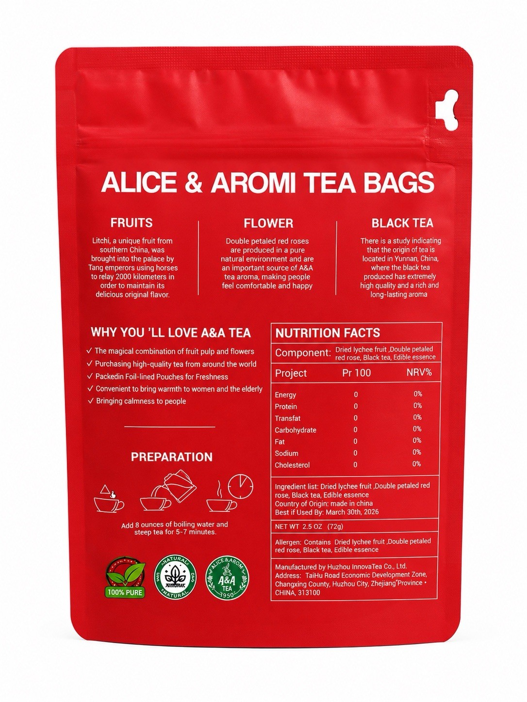 Alice & Aromi Litchi Rose Black Tea Bags 24ct 72g Chinese Tea & Infusion