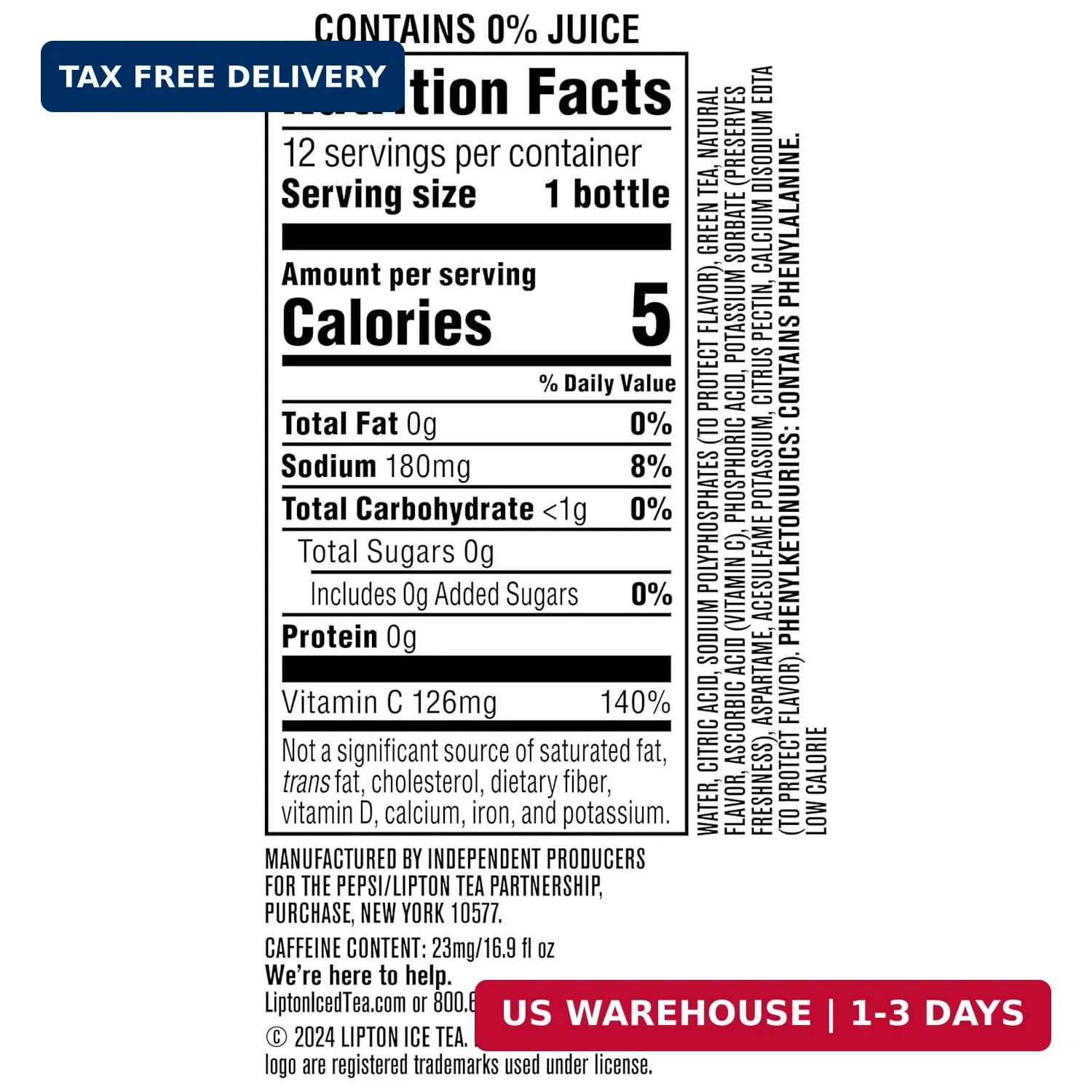 Lipton Zero Sugar Iced Tea, Green Tea Citrus, 16.9 fl oz Bottles, (12 Pack), 100
