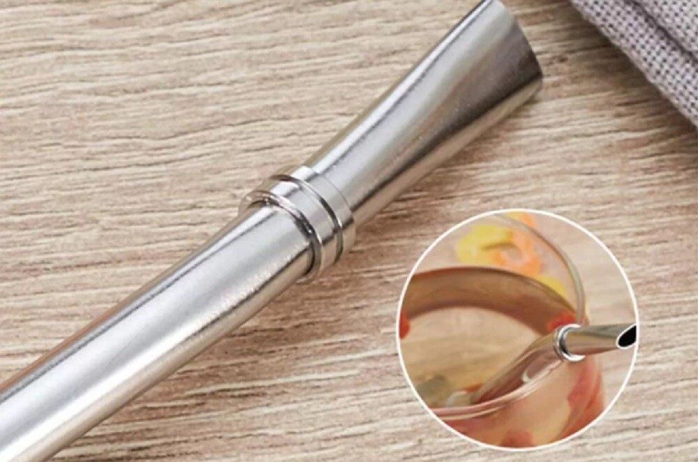 6 Reusable Stainless Steel Drinking Straw Set w Filter Spoon & 2 Cleaning Brush