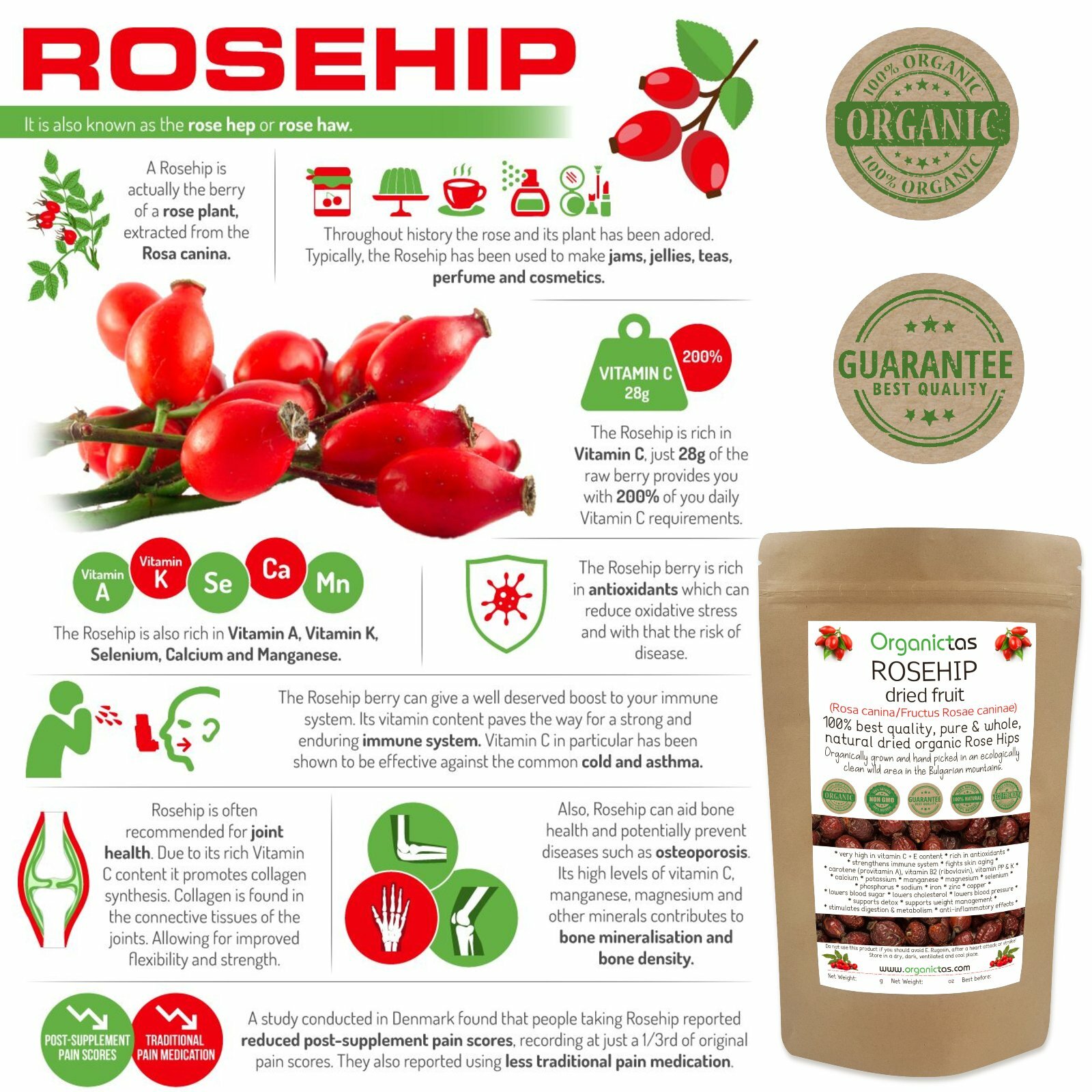 ROSEHIPS Tea Natural Dried Whole Fruit Rose Berry Vitamin C Immune System 200g
