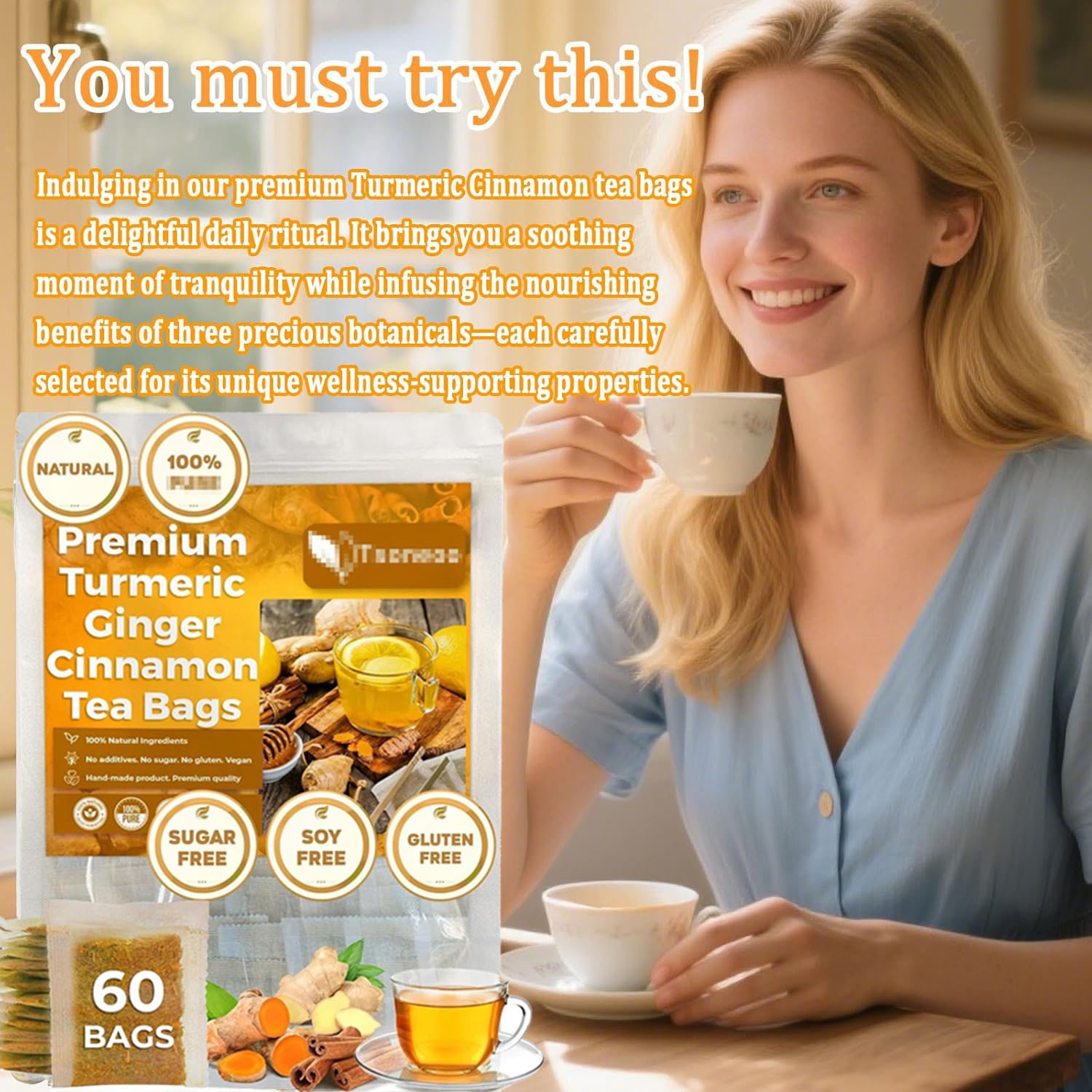 Turmeric, Ginger, Cinnamon Tea Bags, 100% Natural & No Additives & Caffeine Free