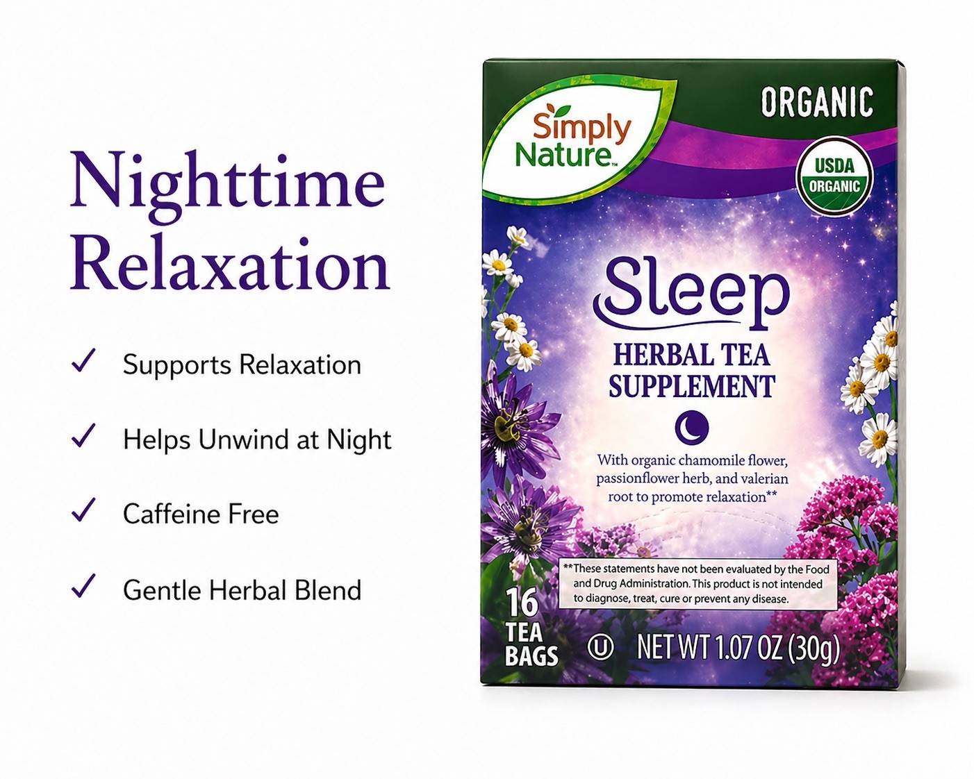 Organic Sleep Tea Chamomile Valerian Root Herbal Blend Nighttime Relaxation 16Ct