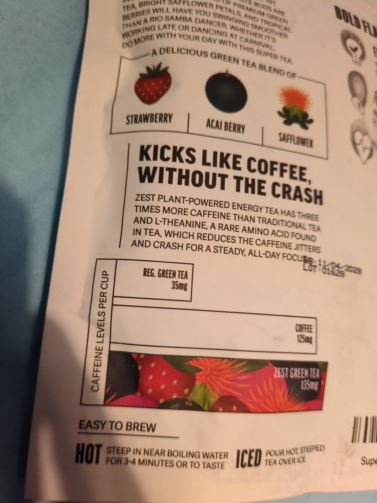 Zest Energy Superberry Samba Green Tea 20 Bags 135mg Caffeine Keto Friendly